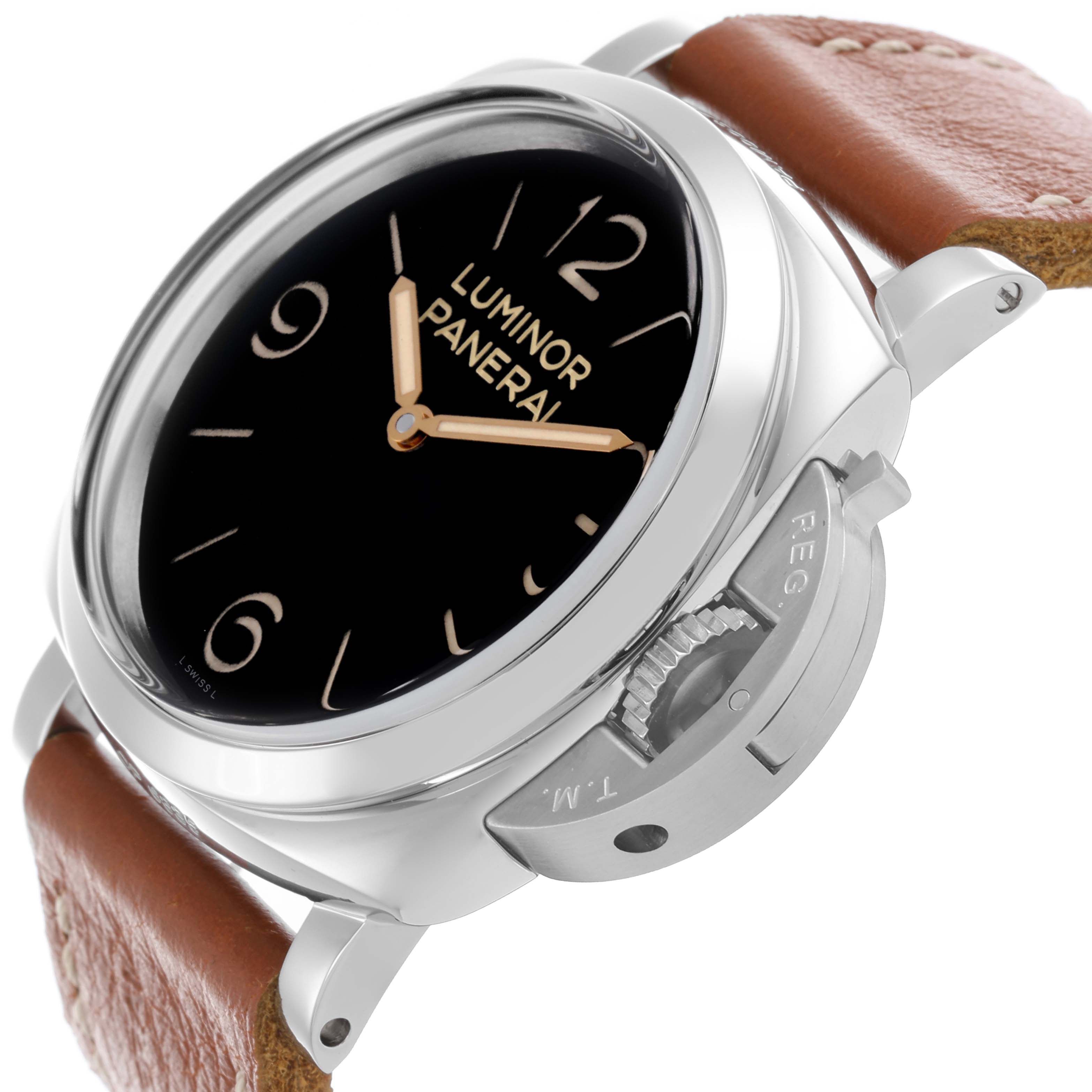 The Panerai Luminor PAM00372 Men
s Stainless Steel Black Dial PAM00372 Men
s Stainless Steel Black Dial watch is shown at an angled side view, highlighting the dial, crown guard, and leather strap.