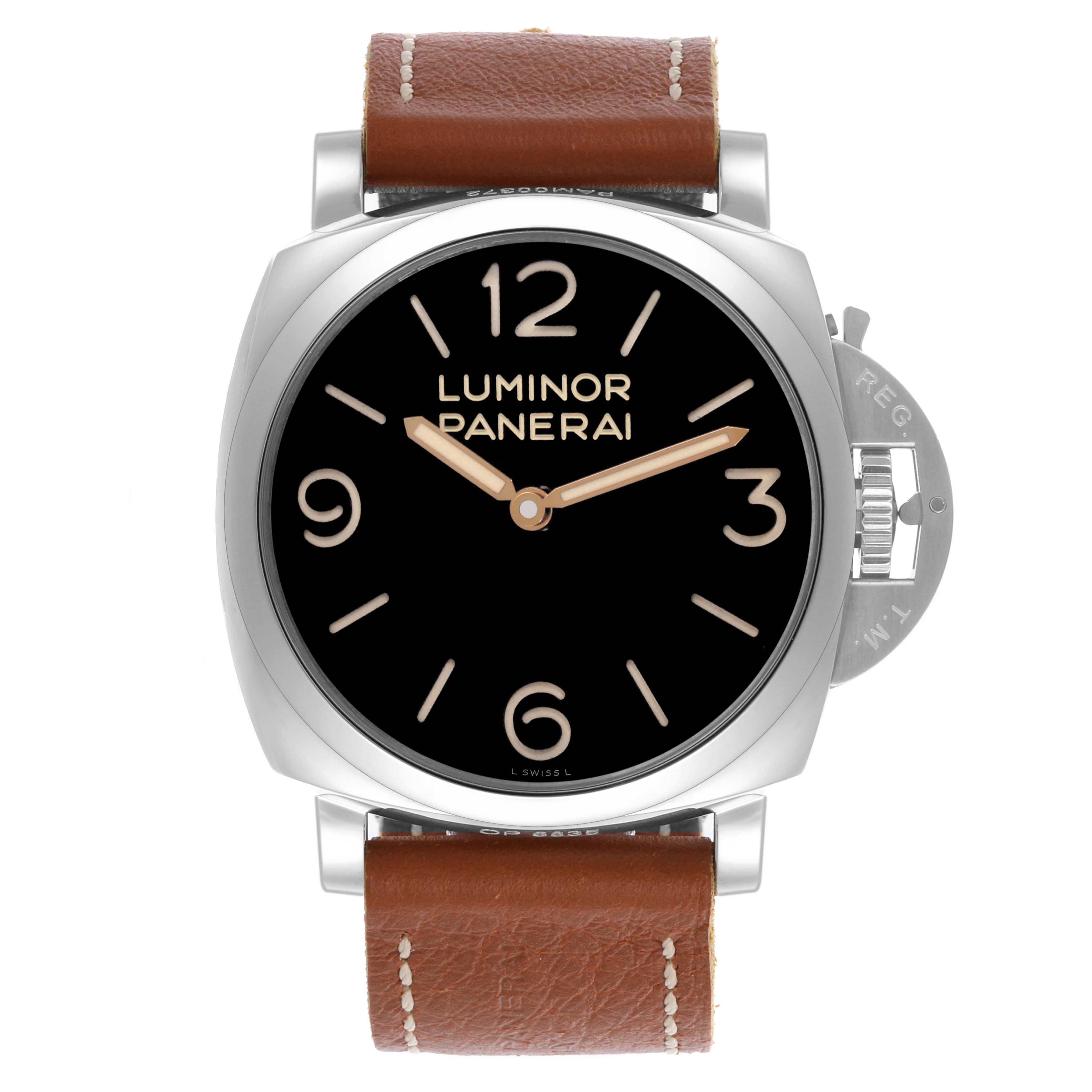 The Panerai Luminor PAM00372 Men
s Stainless Steel Black Dial PAM00372 Men
s Stainless Steel Black Dial watch is shown from the front, highlighting its black dial, numerals, hands, and brown leather strap.