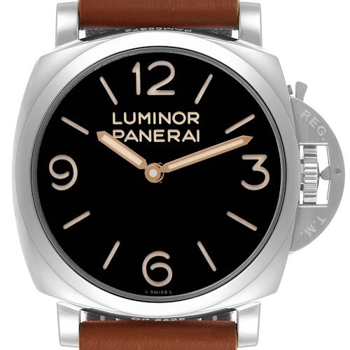 The image shows a front view of the Panerai Luminor watch, highlighting the dial and crown guard with a brown leather strap.