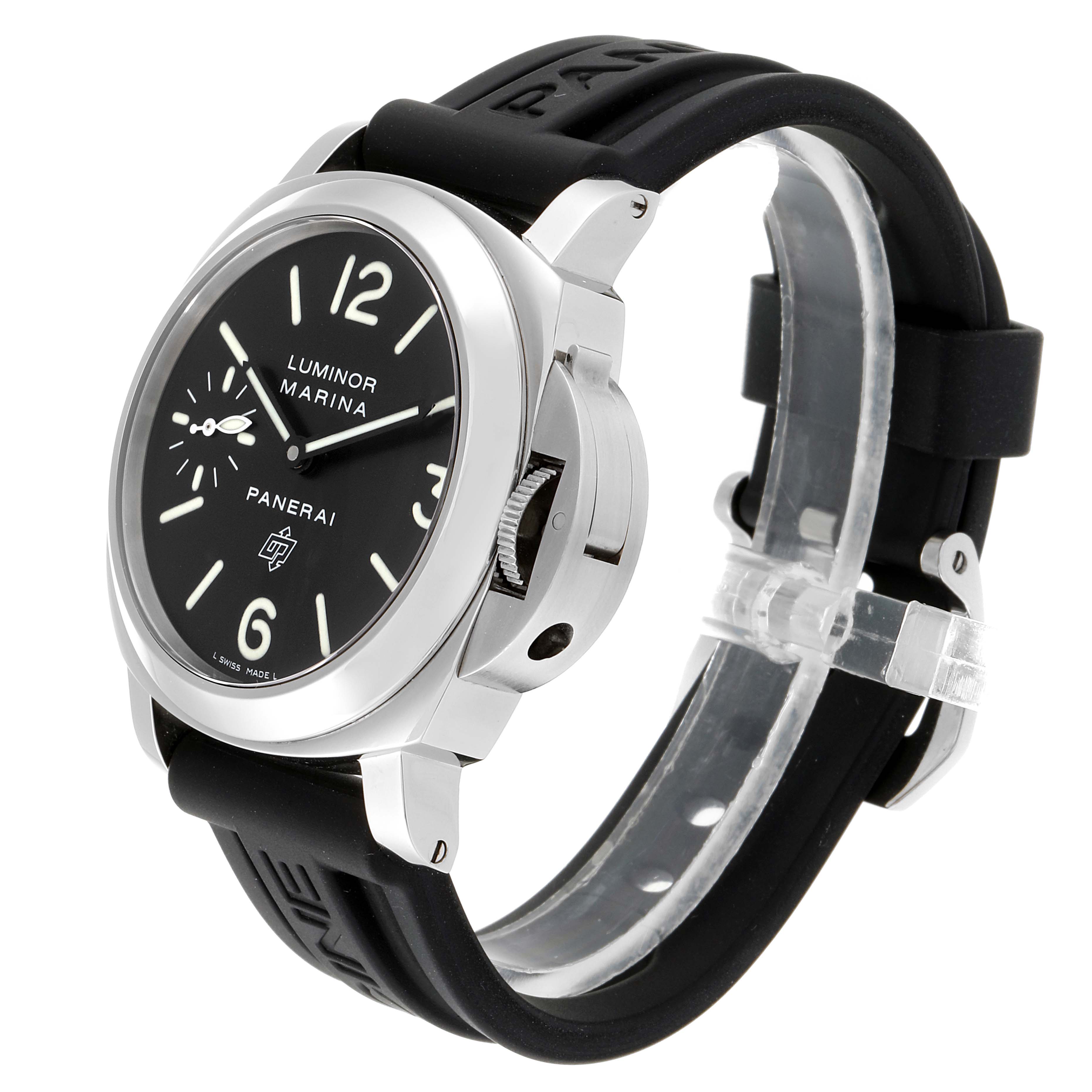 The image shows a side-angle view of a Panerai Luminor PAM00005 Men's Stainless Steel Black Dial PAM00005 Men's Stainless Steel Black Dial watch, highlighting the bezel, dial, crown, and strap.