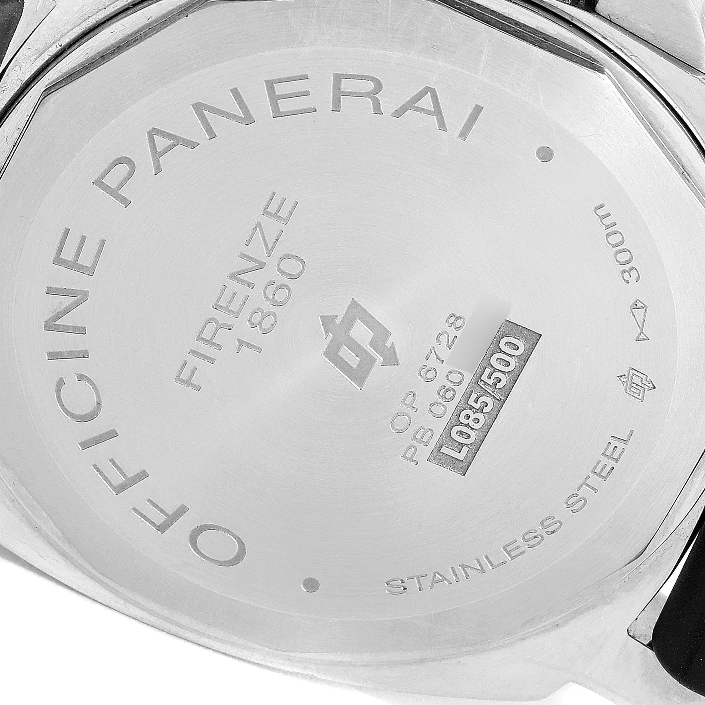 The image shows the back case of a Luminor model watch by Panerai, highlighting its engravings and stainless steel material.
