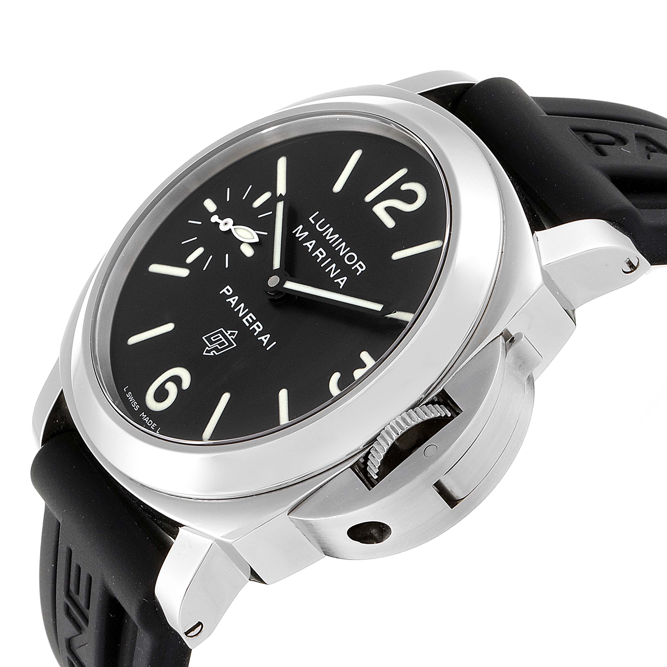 The image shows a Panerai Luminor PAM00005 Men's Stainless Steel Black Dial PAM00005 Men's Stainless Steel Black Dial Marina watch at a slight angle, highlighting the black dial, crown guard, and rubber strap.