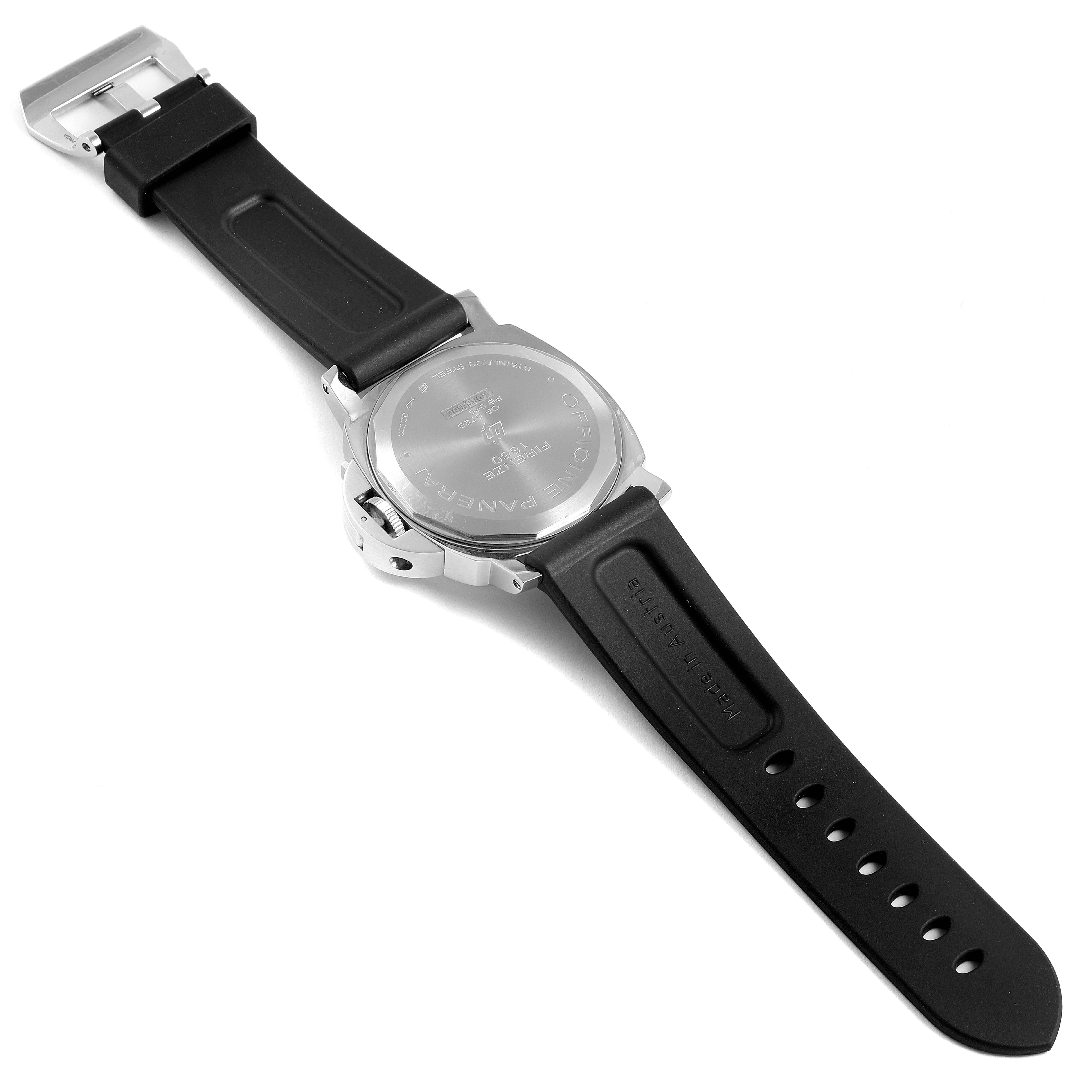 This image shows the back case and rubber strap of the Panerai Luminor PAM00005 Men's Stainless Steel Black Dial PAM00005 Men's Stainless Steel Black Dial watch.