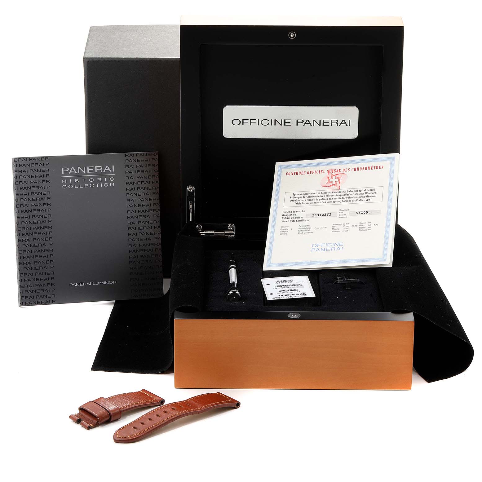 The image shows accessories and packaging for a Panerai Luminor PAM00005 Men's Stainless Steel Black Dial PAM00005 Men's Stainless Steel Black Dial watch, including a box, manual, certificate, tools, and extra straps.