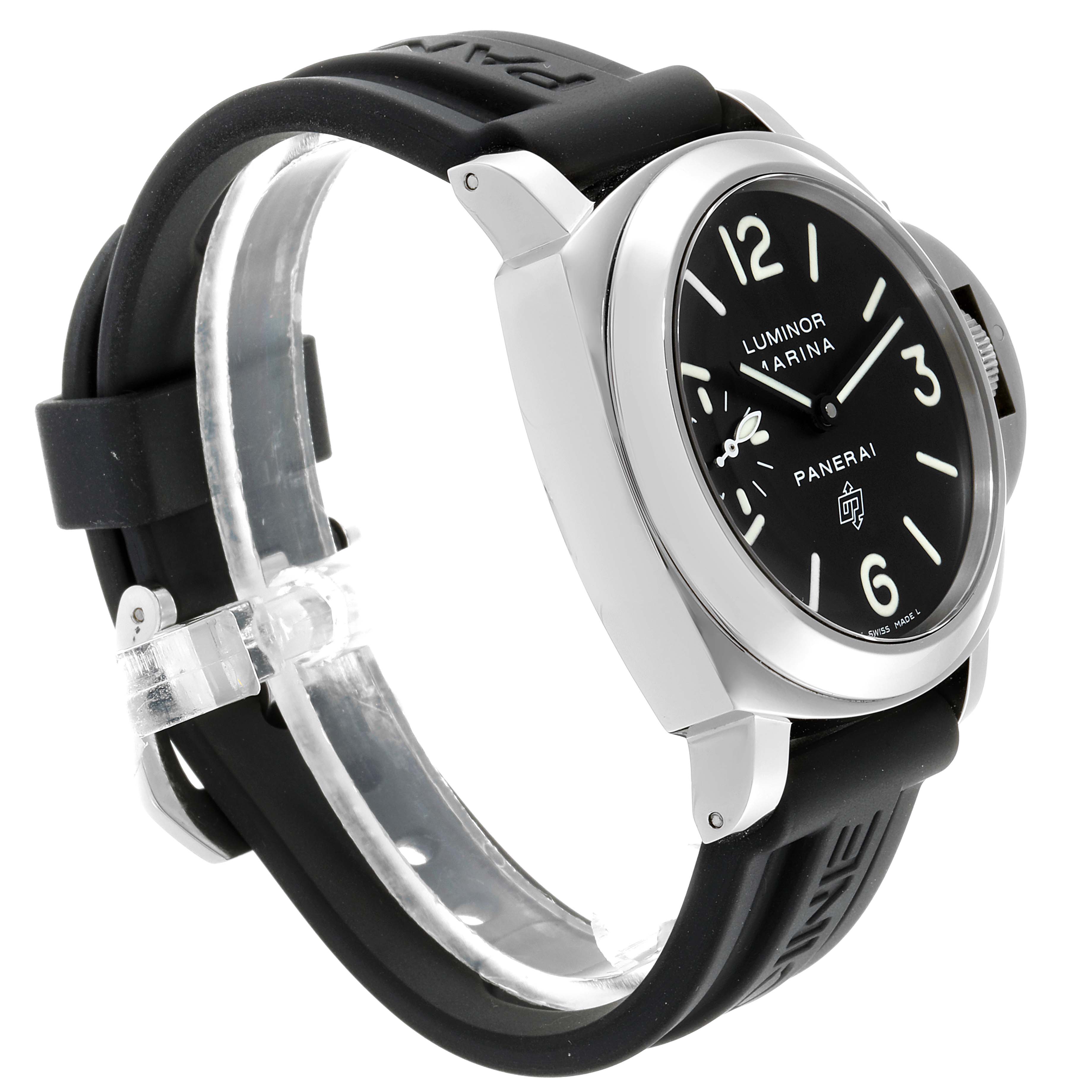 The image shows a Panerai Luminor PAM00005 Men's Stainless Steel Black Dial PAM00005 Men's Stainless Steel Black Dial model watch from an angled side view, highlighting the case, dial, and rubber strap.