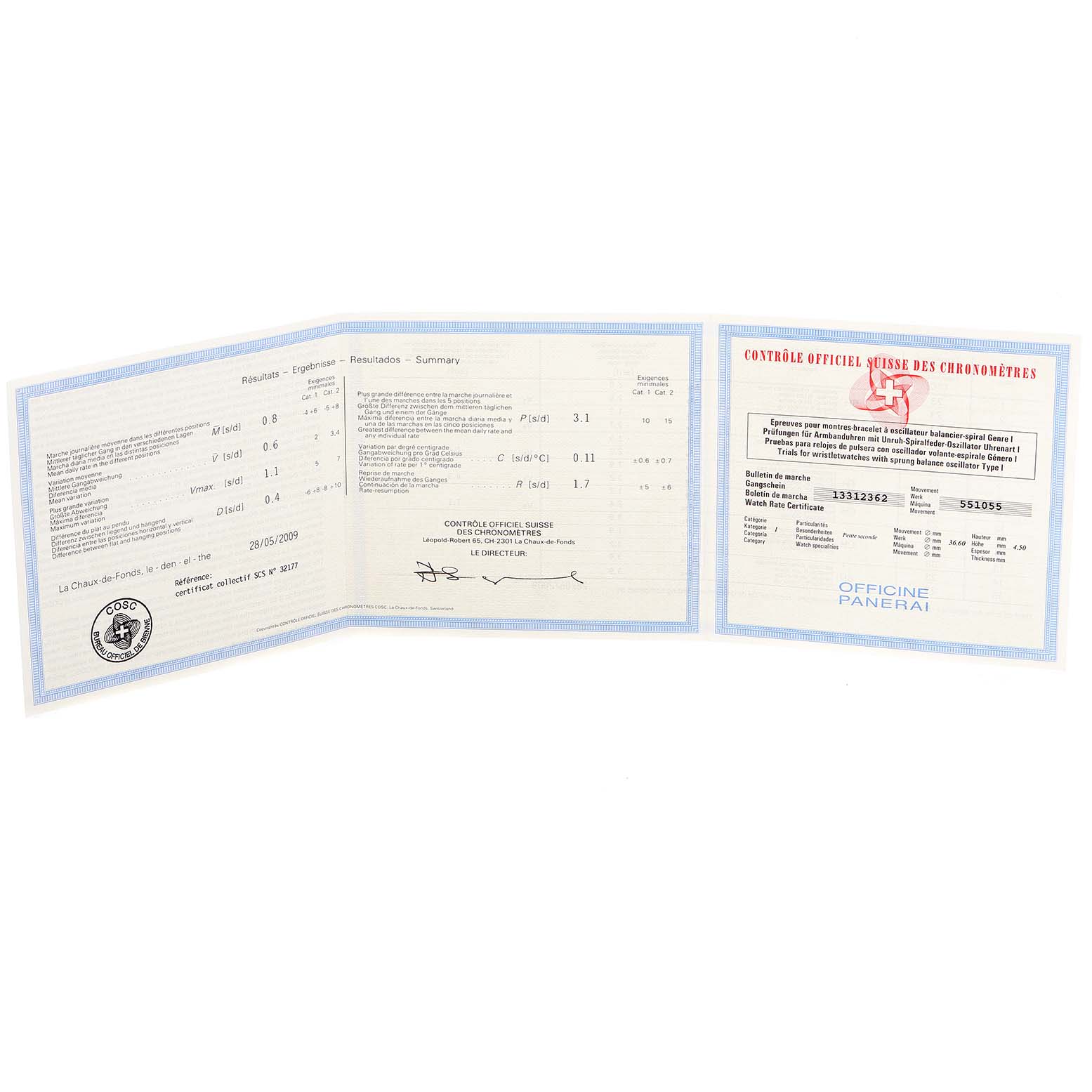 The image shows a certificate of chronometry for a Luminor model by Panerai, displayed open.