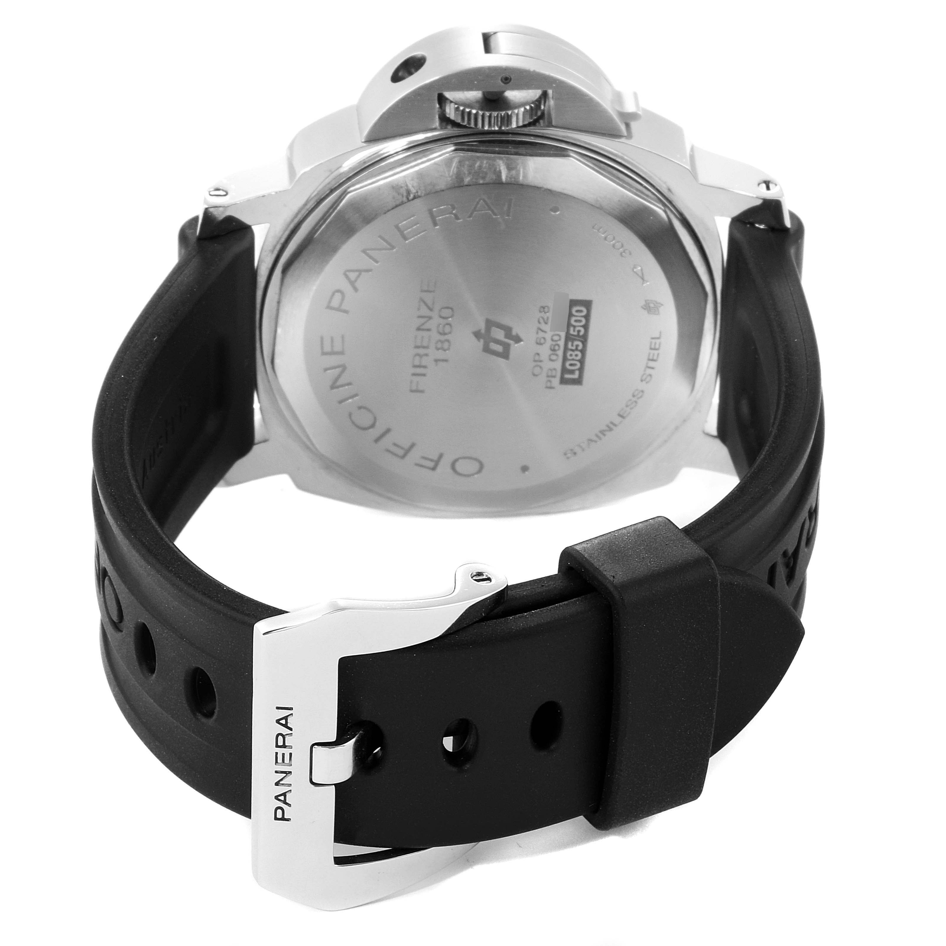 The image shows the back view of a Panerai Luminor PAM00005 Men's Stainless Steel Black Dial PAM00005 Men's Stainless Steel Black Dial watch, highlighting the case back, crown, and strap with buckle.