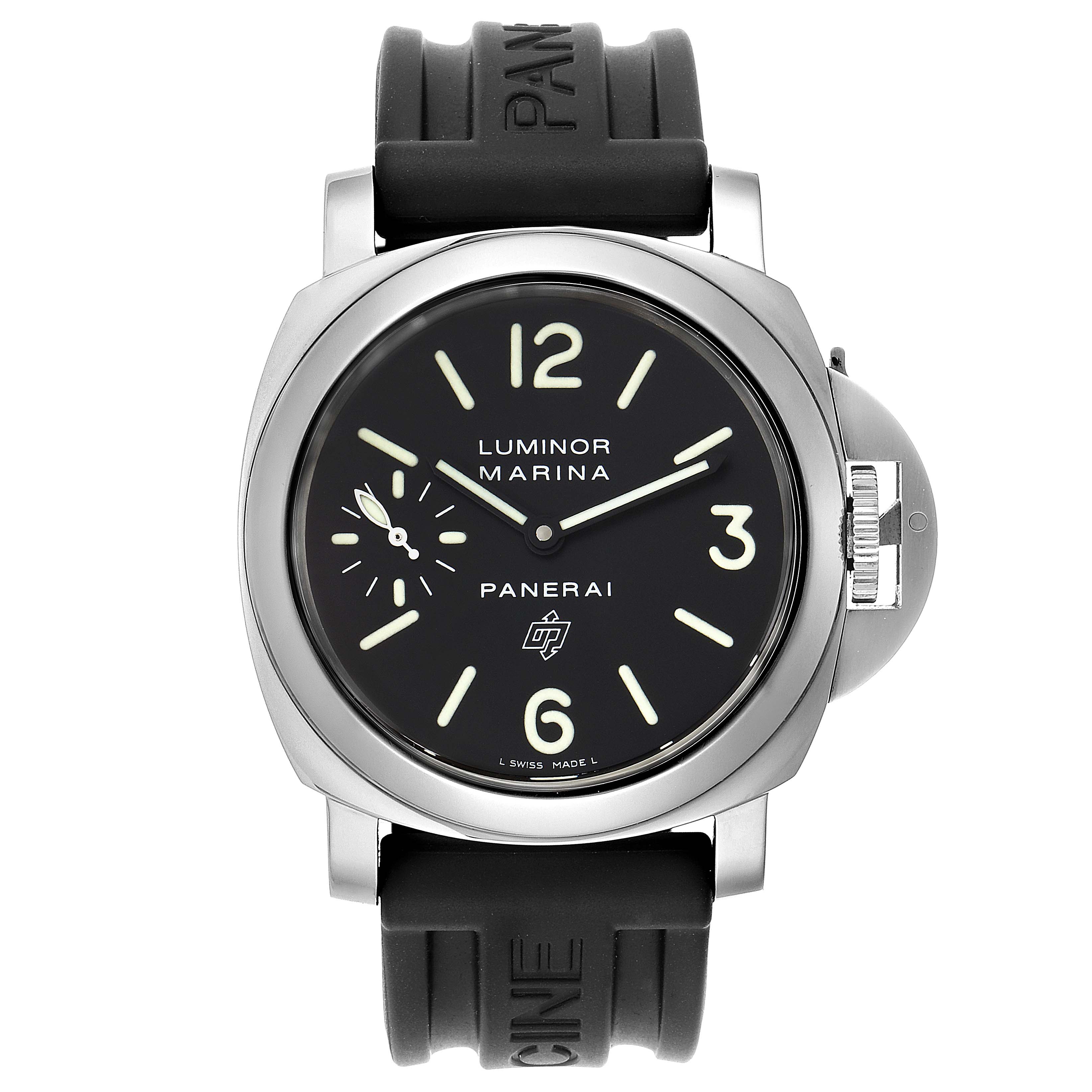 The image shows a front view of the Panerai Luminor PAM00005 Men's Stainless Steel Black Dial PAM00005 Men's Stainless Steel Black Dial Marina watch, highlighting the dial, case, and strap.