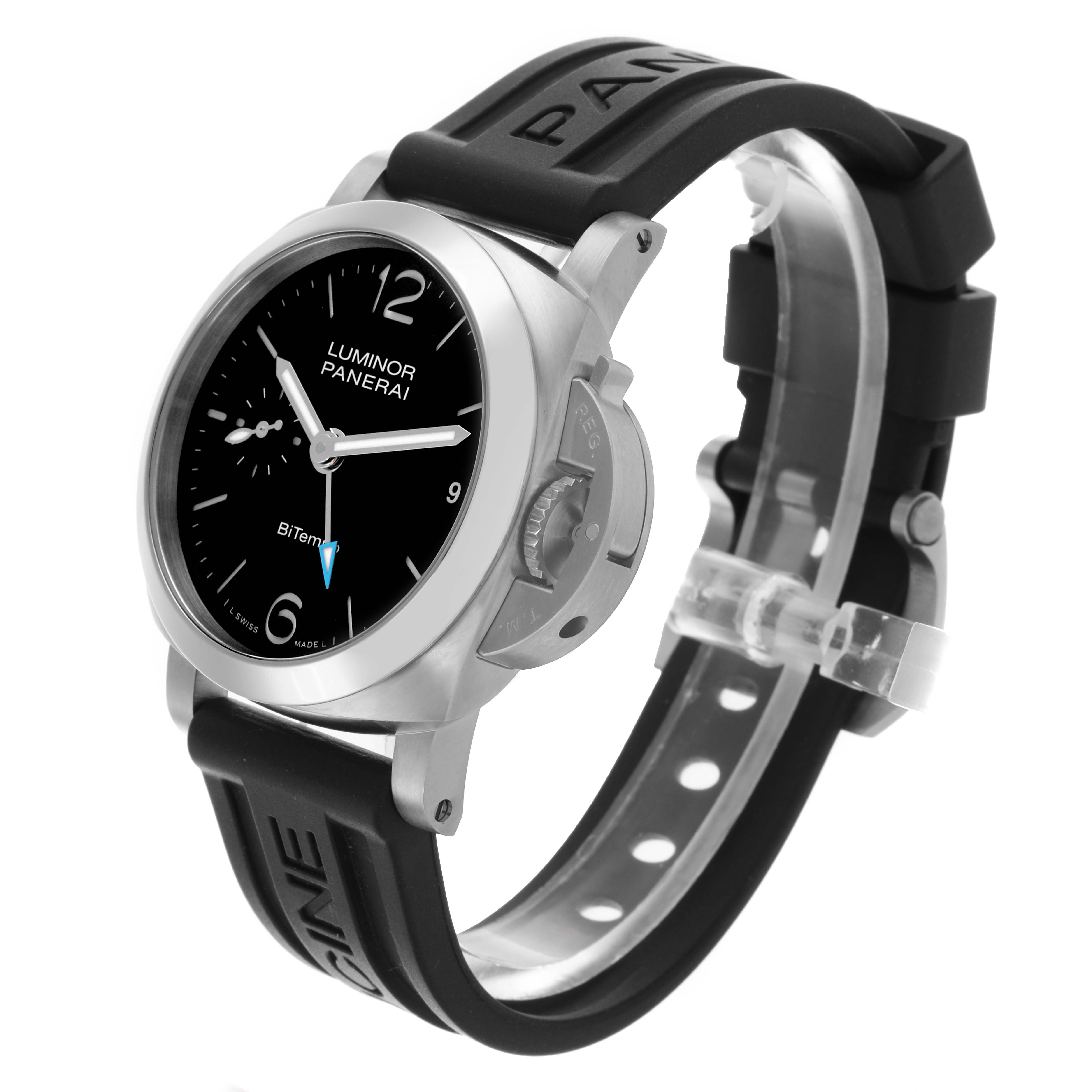 The Panerai Luminor PAM01365 Men
s Stainless Steel Black Dial PAM01365 Men
s Stainless Steel Black Dial watch is shown at an angle highlighting the case, dial, crown guard, and rubber strap.