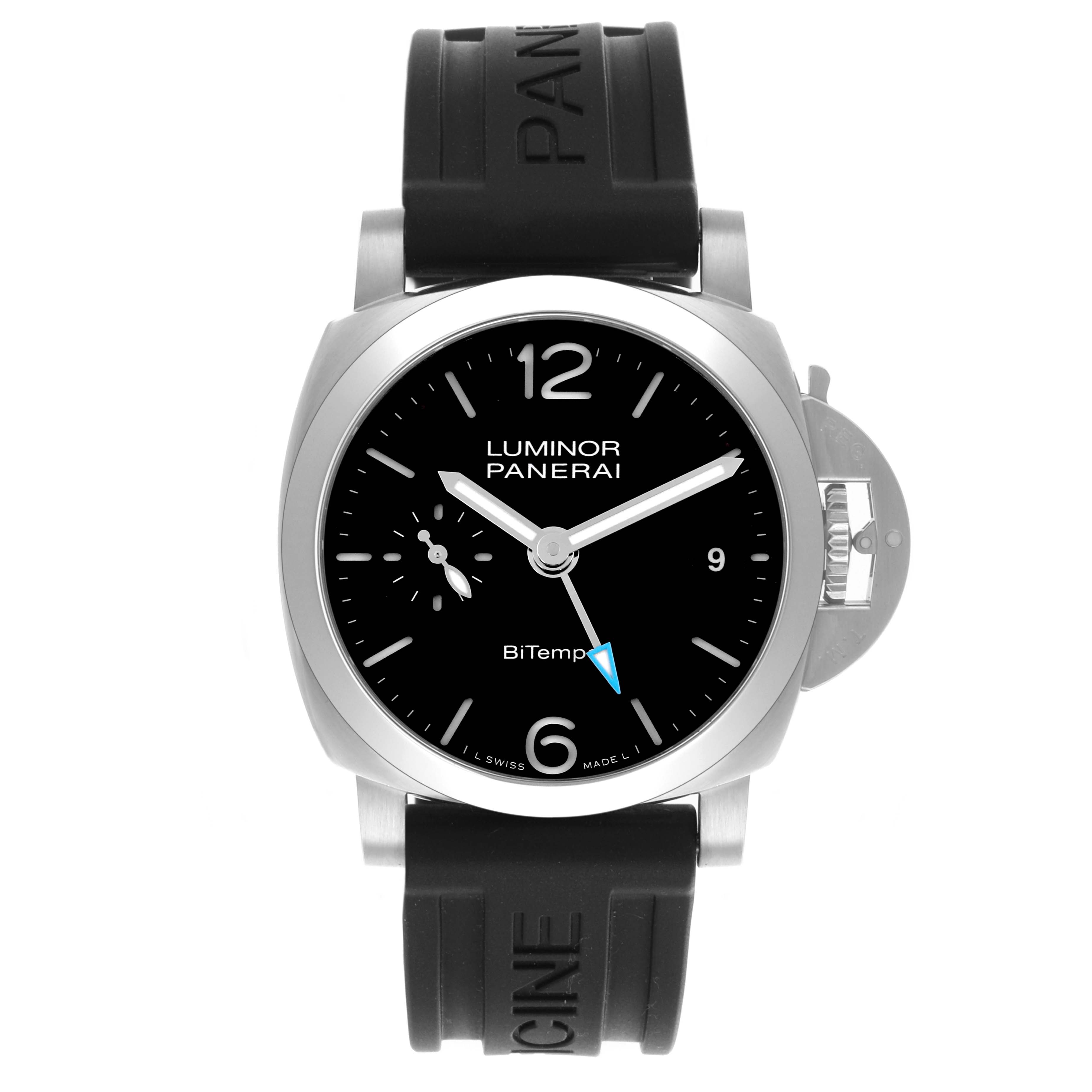 The Panerai Luminor PAM01365 Men
s Stainless Steel Black Dial PAM01365 Men
s Stainless Steel Black Dial watch is shown from a top-down angle, displaying the face, bezel, crown guard, and black rubber strap.