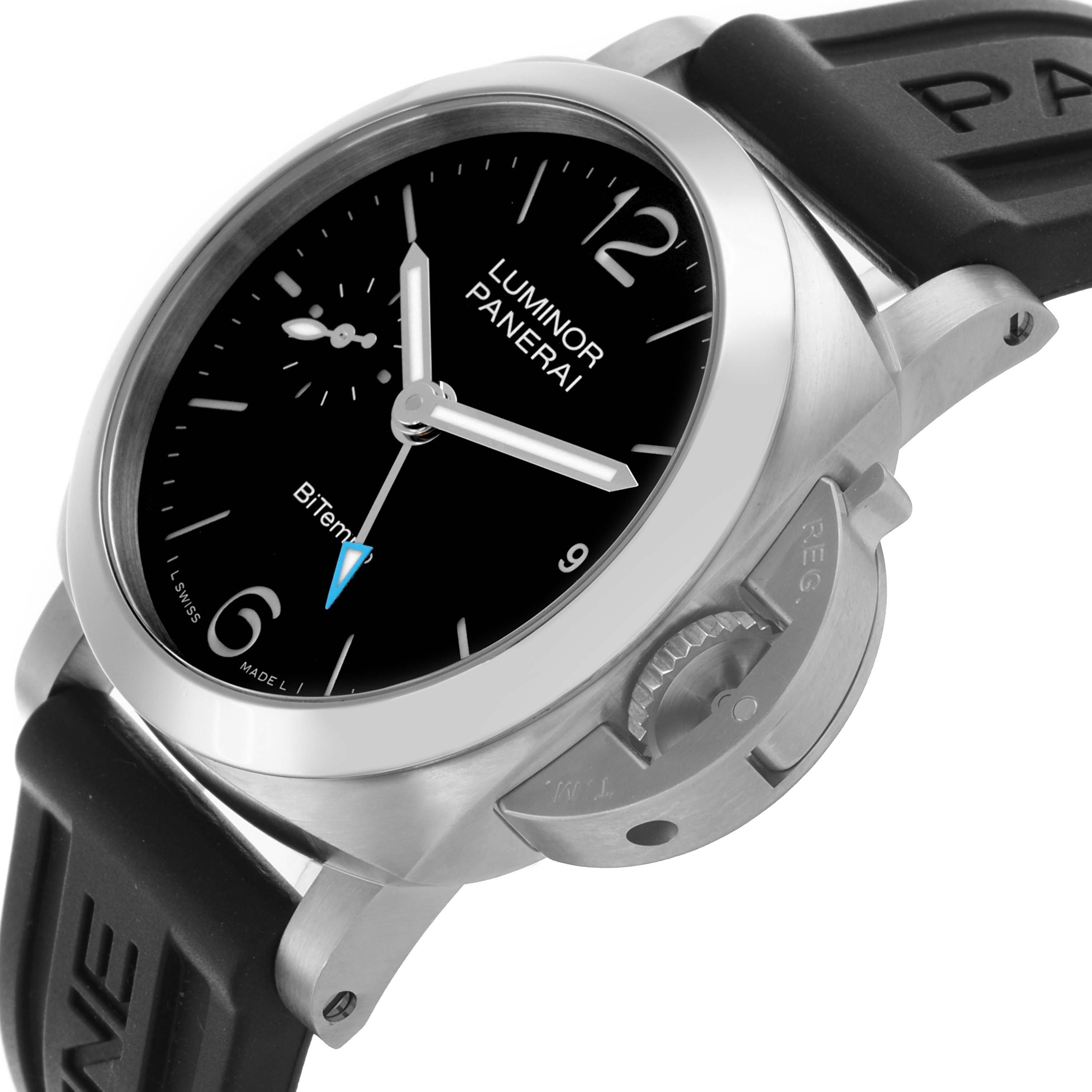 The Panerai Luminor PAM01365 Men
s Stainless Steel Black Dial PAM01365 Men
s Stainless Steel Black Dial watch is shown at a slight angle, highlighting the face, bezel, crown guard, and strap.