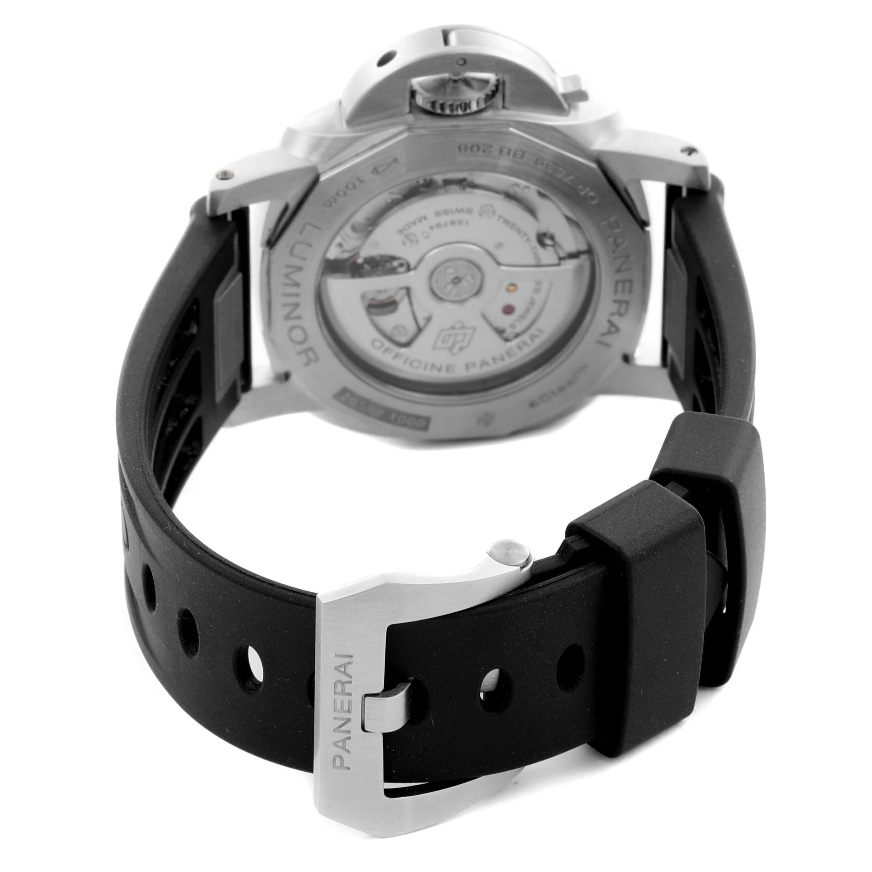 The image shows the back view of a Panerai Luminor PAM01365 Men
s Stainless Steel Black Dial PAM01365 Men
s Stainless Steel Black Dial watch, highlighting the case back and black strap with a buckle.