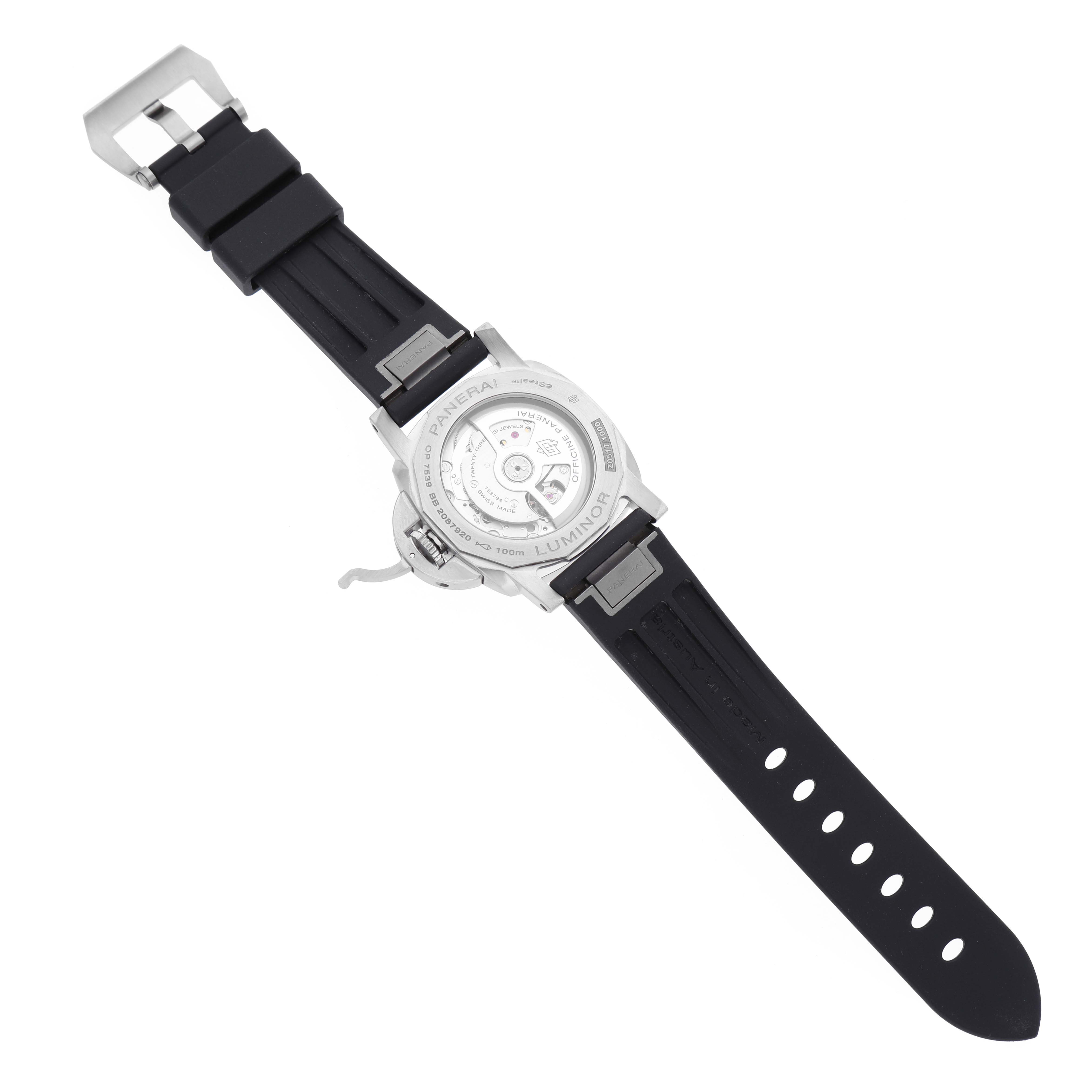 The image shows the back view of a Panerai Luminor PAM01365 Men
s Stainless Steel Black Dial PAM01365 Men
s Stainless Steel Black Dial watch, highlighting its mechanism and black strap.