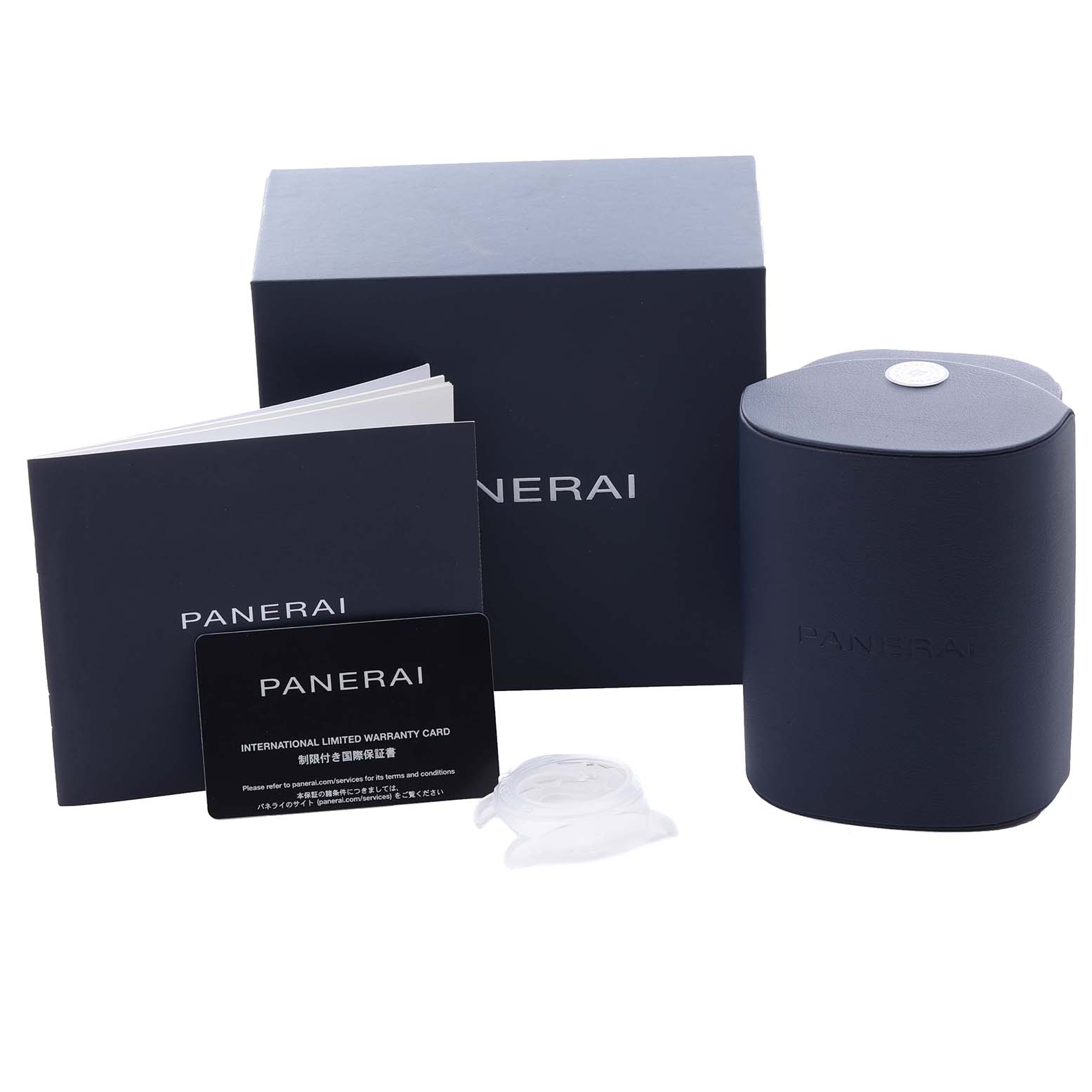 This image shows the packaging and accessories for a Panerai Luminor PAM01365 Men
s Stainless Steel Black Dial PAM01365 Men
s Stainless Steel Black Dial watch, including the box, case, manual, and warranty card.