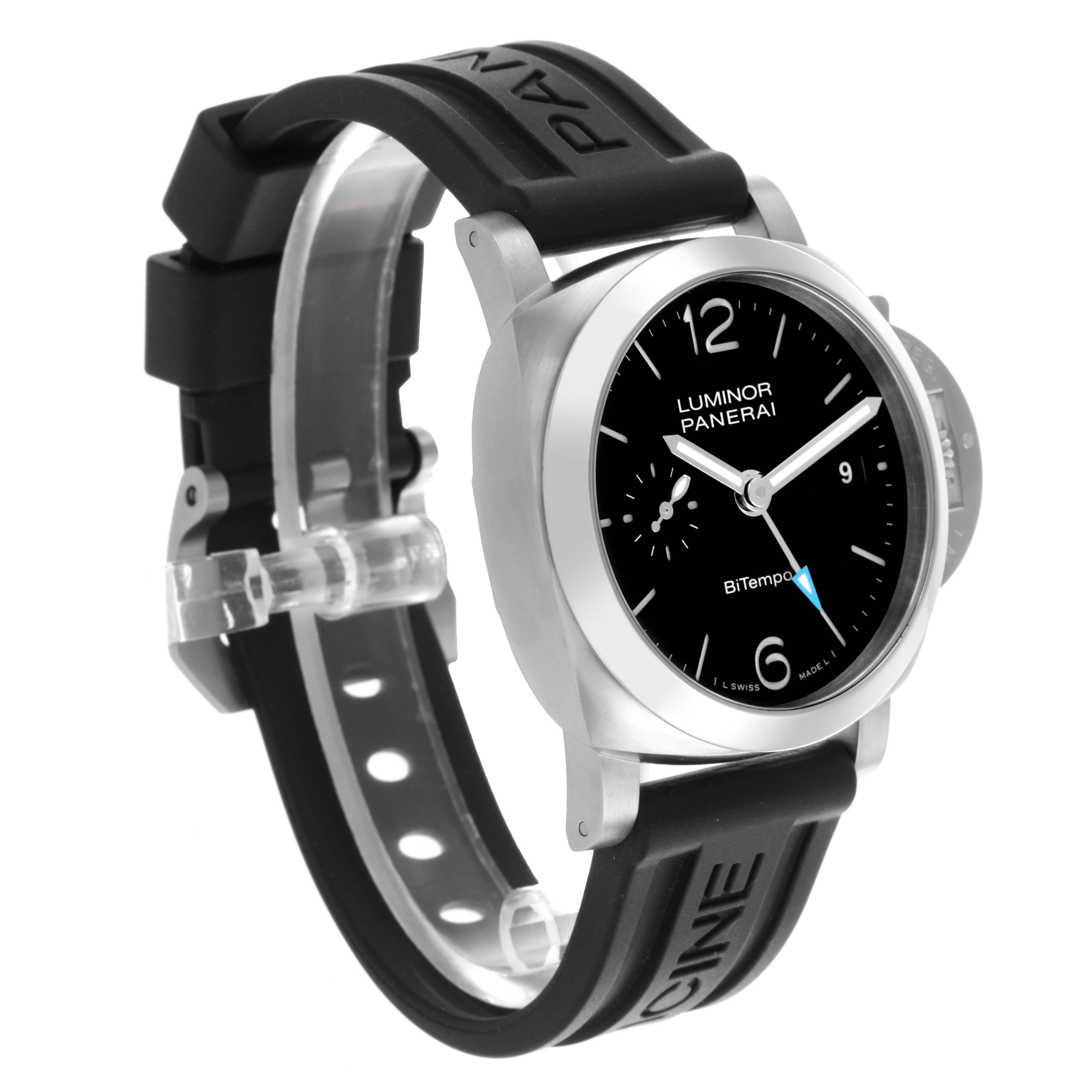 The Panerai Luminor PAM01365 Men
s Stainless Steel Black Dial PAM01365 Men
s Stainless Steel Black Dial watch is shown at an angled side view, highlighting the black dial, case, and rubber strap.