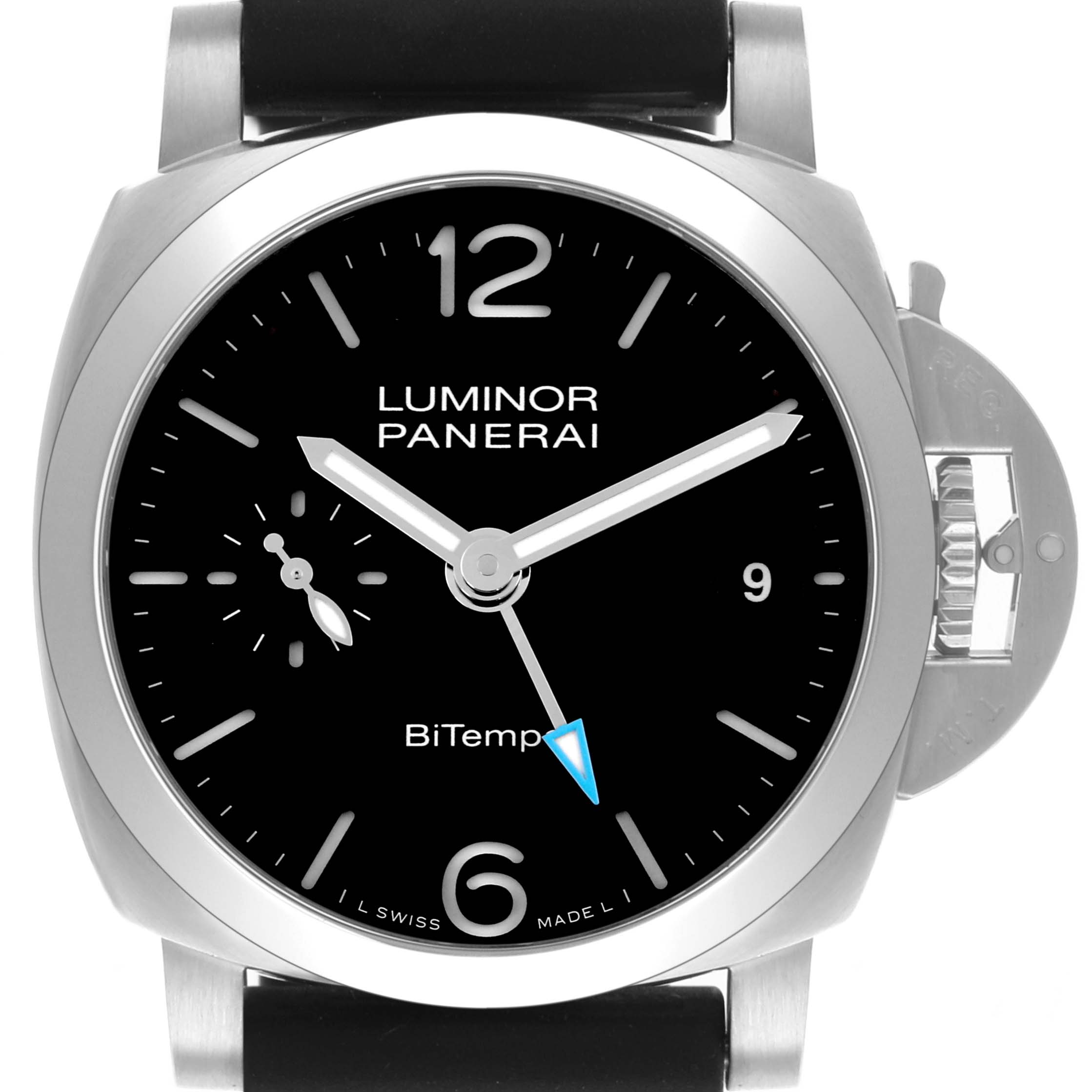 The Panerai Luminor PAM01365 Men
s Stainless Steel Black Dial PAM01365 Men
s Stainless Steel Black Dial watch is shown from a front angle, highlighting its face, dial, and crown guard.