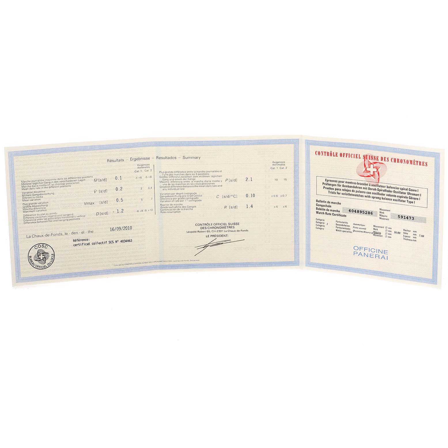 The image shows the official certification and documentation for a Panerai Luminor PAM00090 Men's Stainless Steel Black Dial PAM00090 Men's Stainless Steel Black Dial watch, displayed fully open.