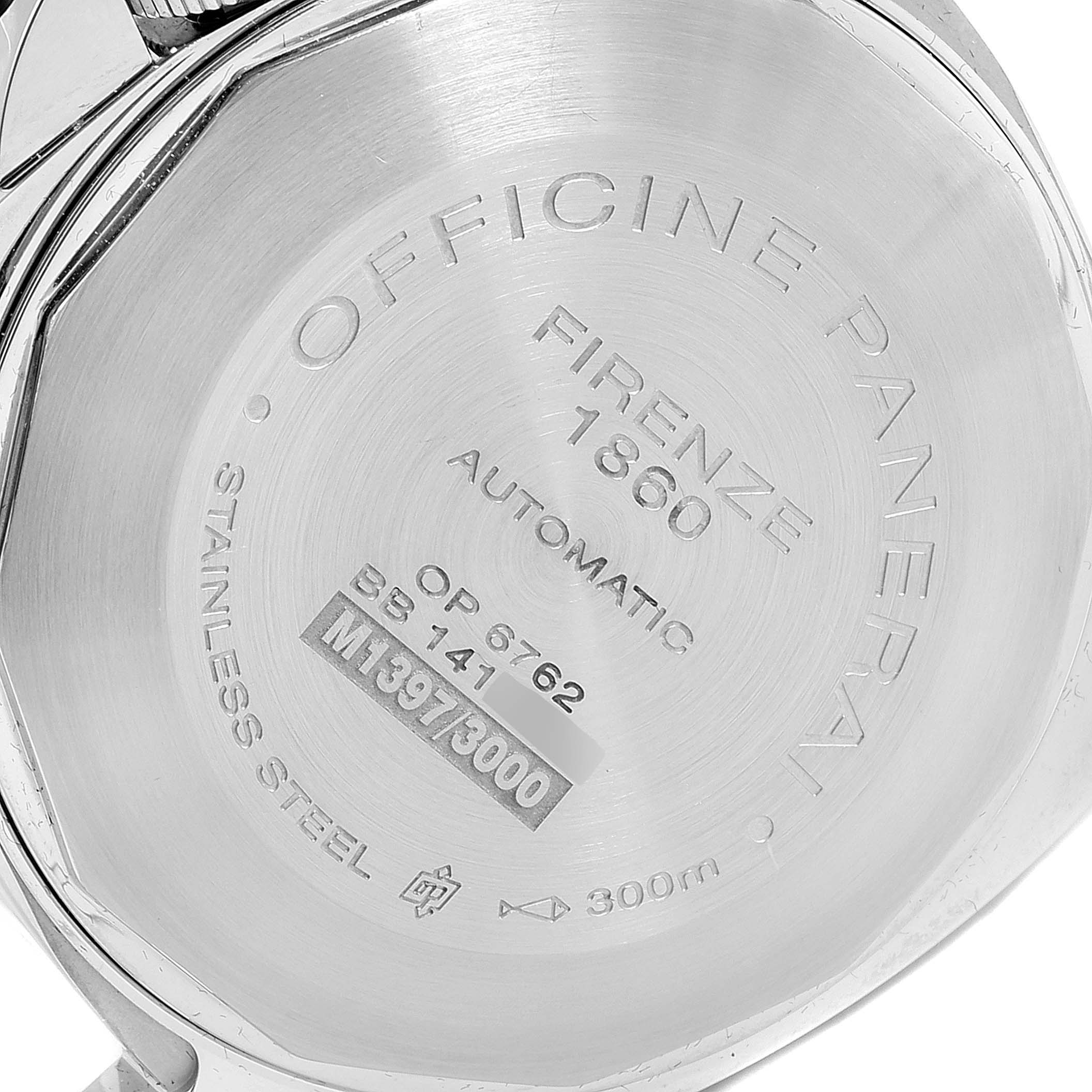 The image shows the back case of a Panerai Luminor PAM00090 Men's Stainless Steel Black Dial PAM00090 Men's Stainless Steel Black Dial watch, displaying the brand, model, and various specifications.