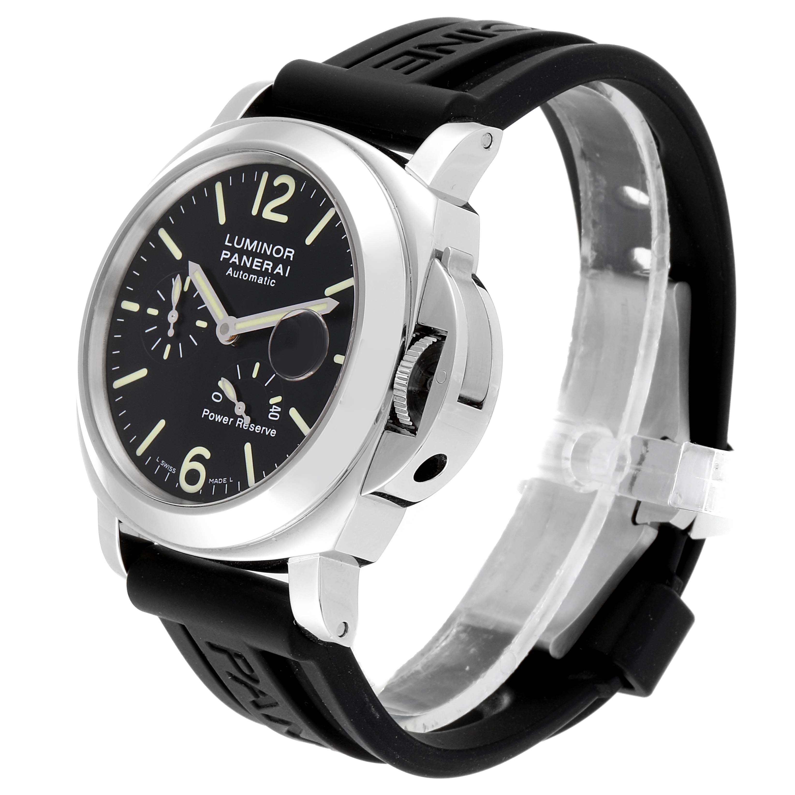 The Panerai Luminor PAM00090 Men's Stainless Steel Black Dial PAM00090 Men's Stainless Steel Black Dial model watch is shown at a three-quarter angle displaying its face, strap, and crown guard.