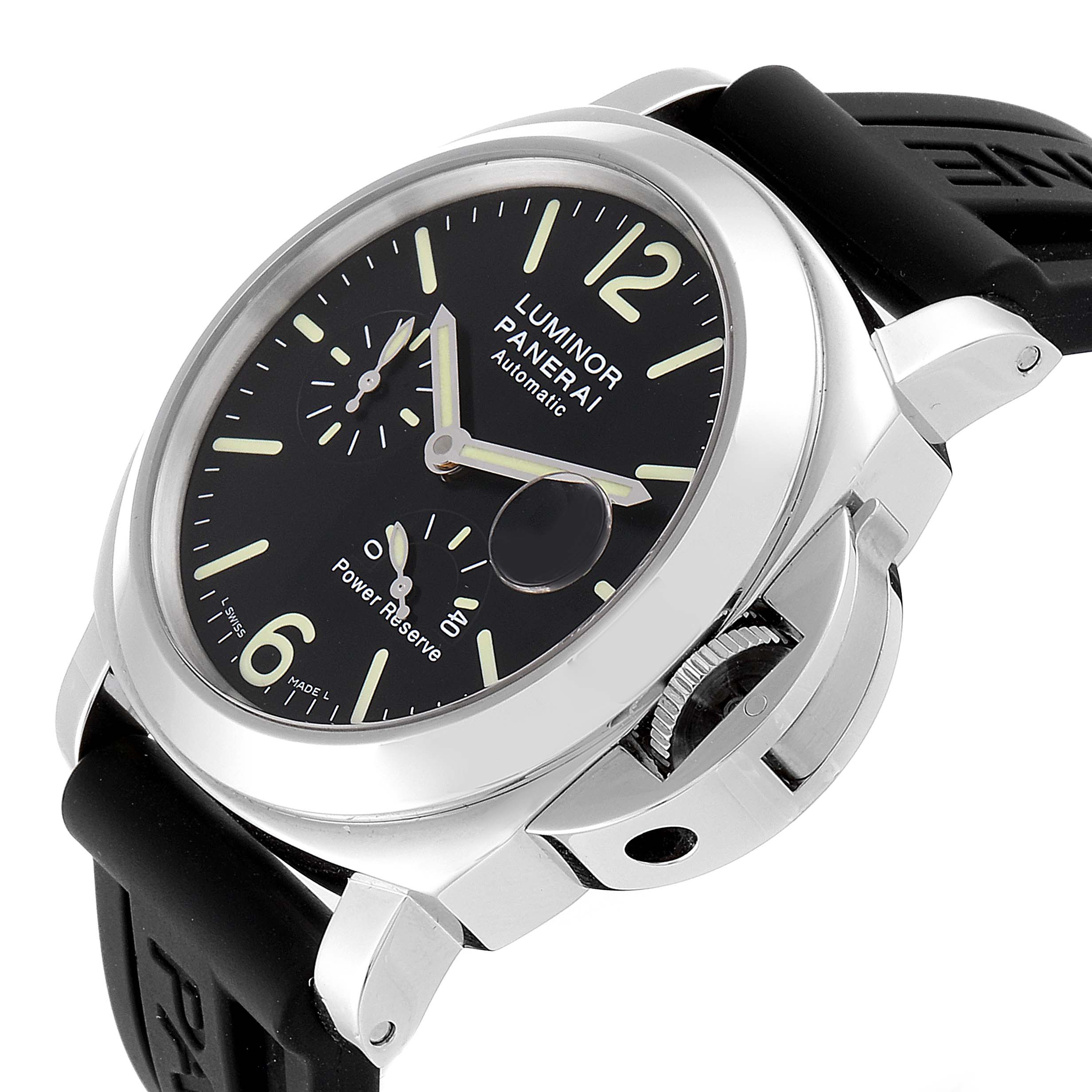 The image shows a side angle of a Panerai Luminor PAM00090 Men's Stainless Steel Black Dial PAM00090 Men's Stainless Steel Black Dial watch, displaying the face, strap, and crown guard.