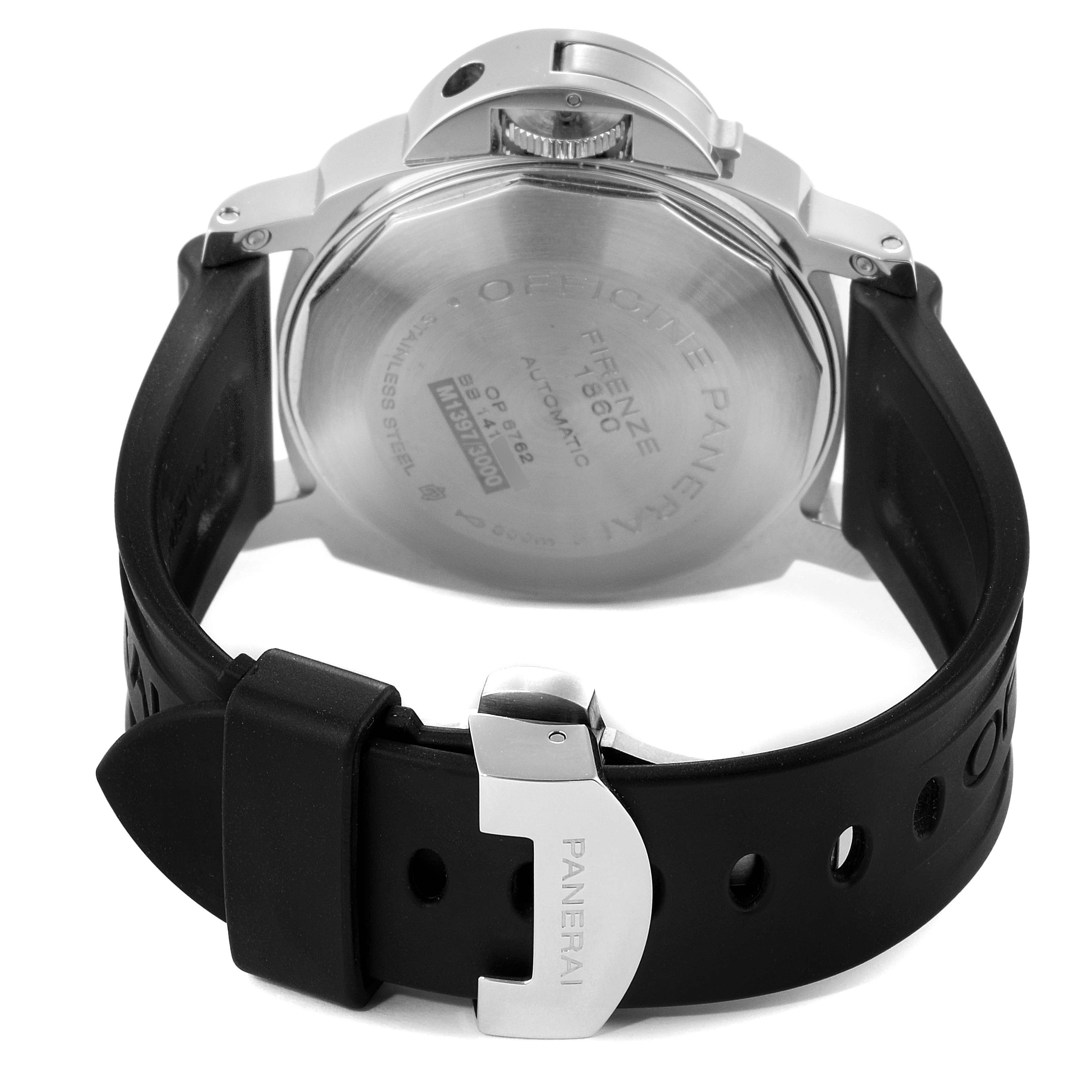 The image shows the back case, crown guard, and rubber strap of the Panerai Luminor PAM00090 Men's Stainless Steel Black Dial PAM00090 Men's Stainless Steel Black Dial watch.