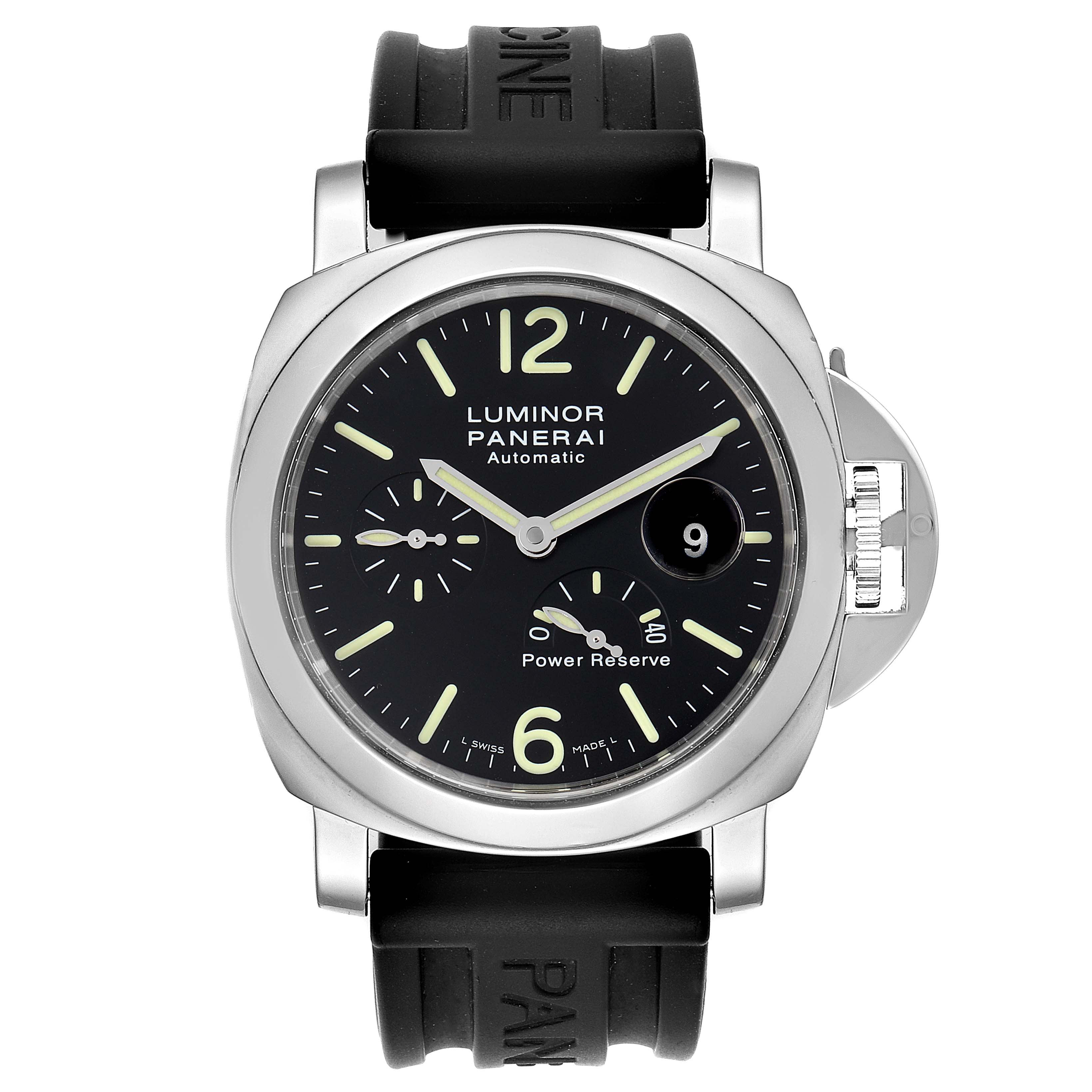 The image shows a frontal view of a Panerai Luminor PAM00090 Men's Stainless Steel Black Dial PAM00090 Men's Stainless Steel Black Dial watch, highlighting its dial, case, crown guard, and rubber strap.