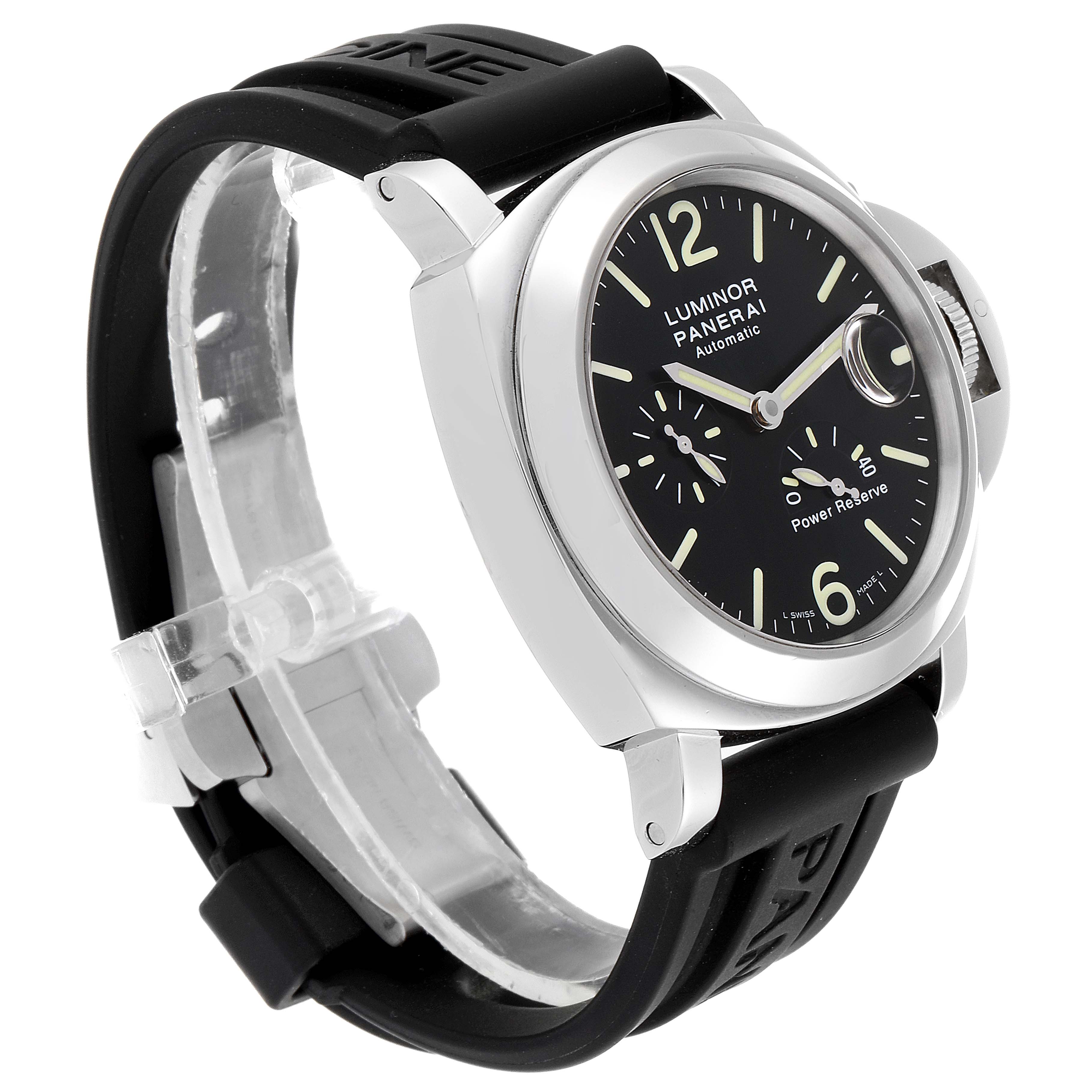 This Panerai Luminor PAM00090 Men's Stainless Steel Black Dial PAM00090 Men's Stainless Steel Black Dial watch is shown at a three-quarter angle, highlighting the face, case, and black rubber strap.