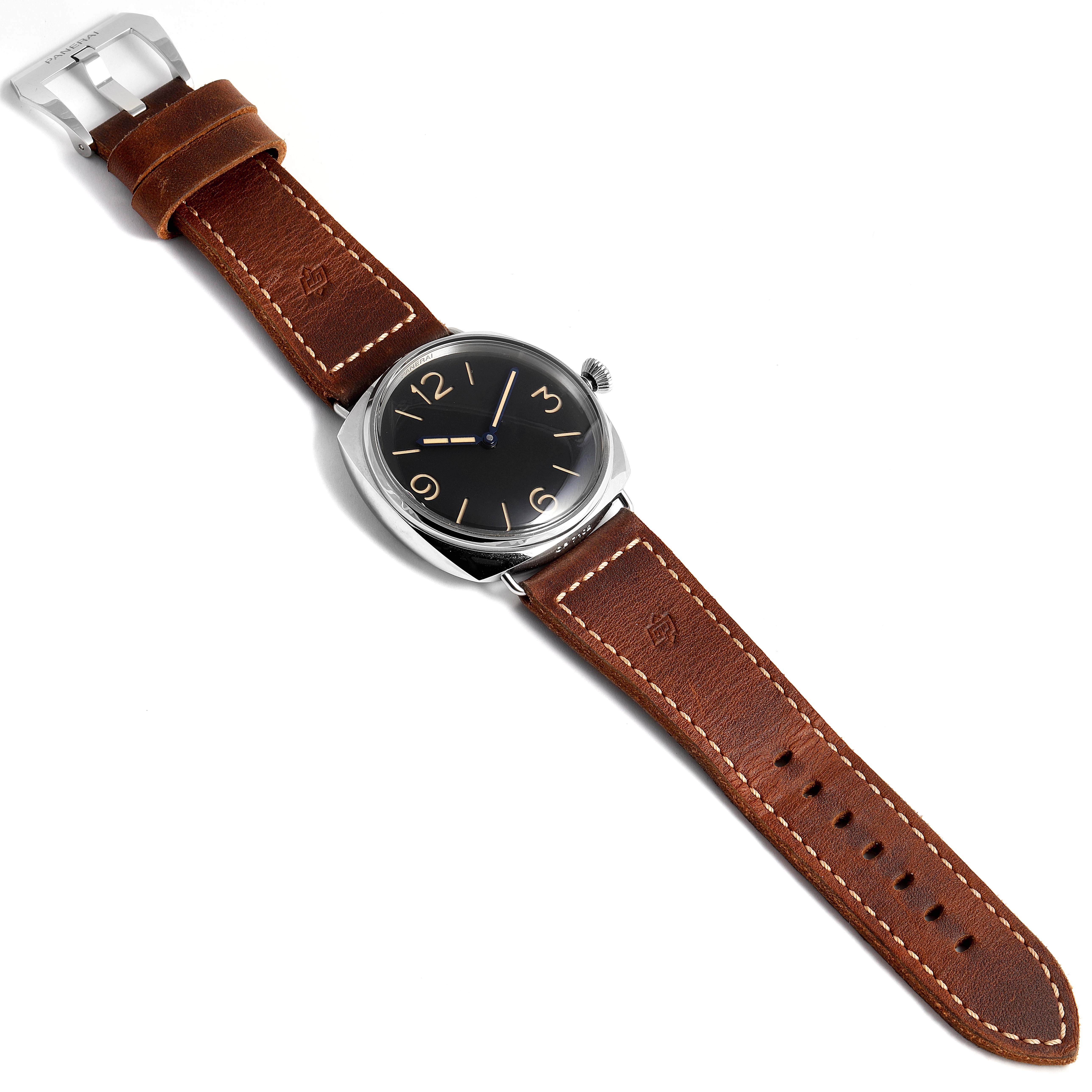 The image shows a Panerai Radiomir PAM00721 Men's Stainless Steel Black Dial PAM00721 Men's Stainless Steel Black Dial watch laying flat, displaying its brown leather strap, black dial, and silver case.