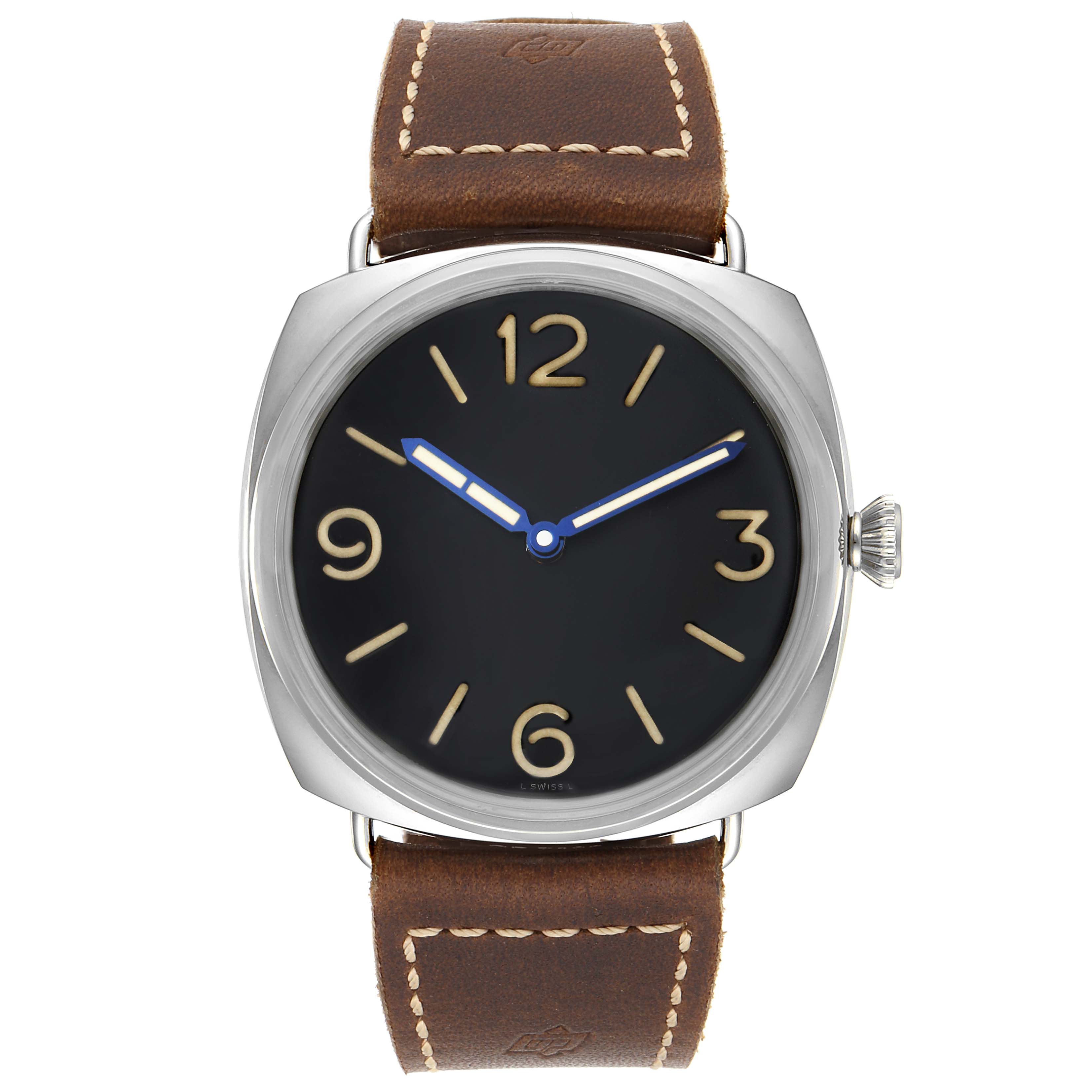 This image shows a front view of a Panerai Radiomir PAM00721 Men's Stainless Steel Black Dial PAM00721 Men's Stainless Steel Black Dial watch with a brown leather strap.