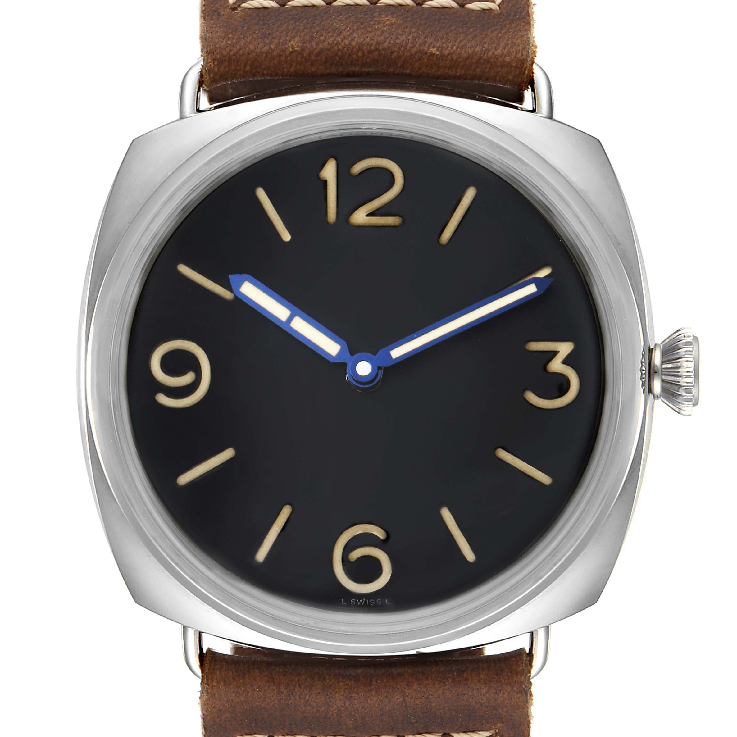 This image shows a front view of the Panerai Radiomir PAM00721 Men's Stainless Steel Black Dial PAM00721 Men's Stainless Steel Black Dial watch, highlighting its dial, case, and part of the strap.