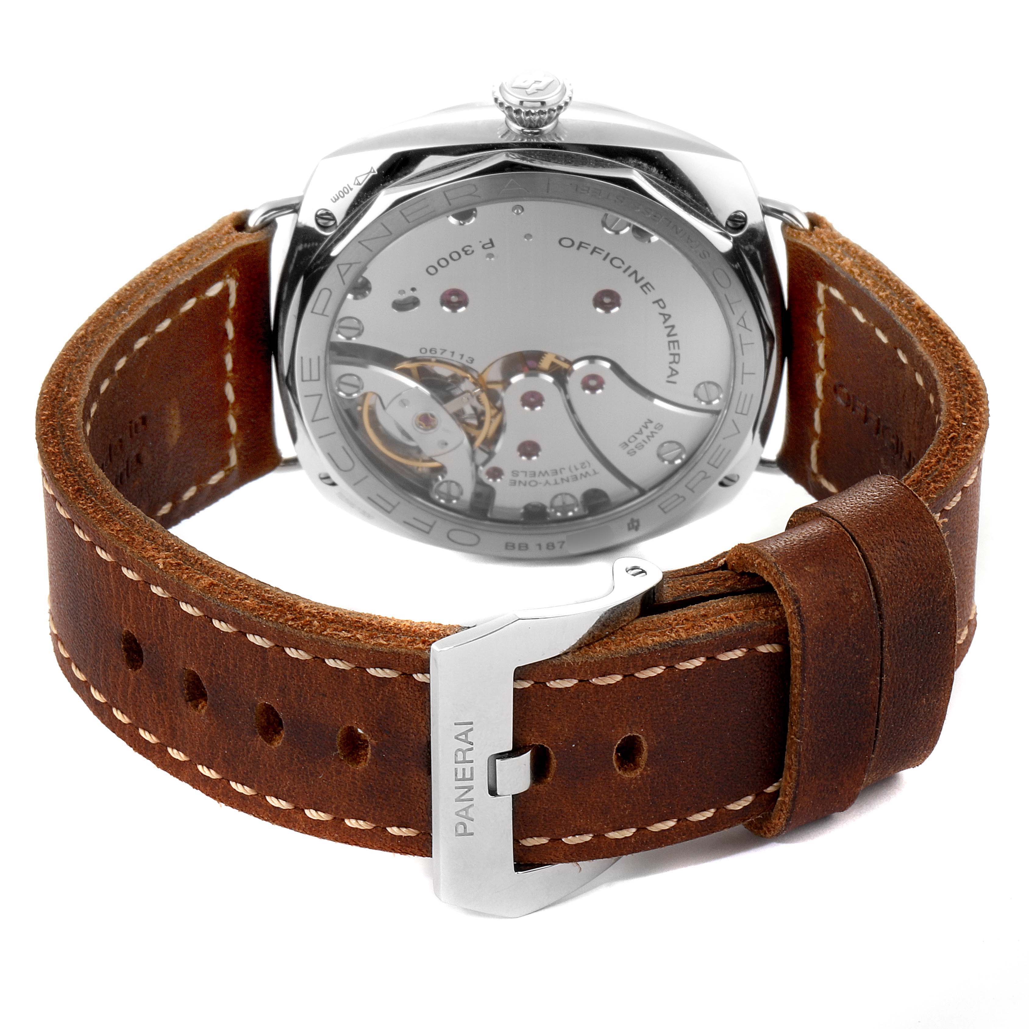 The image shows the rear view of a Panerai Radiomir PAM00721 Men's Stainless Steel Black Dial PAM00721 Men's Stainless Steel Black Dial watch, highlighting the transparent case back and leather strap with buckle.