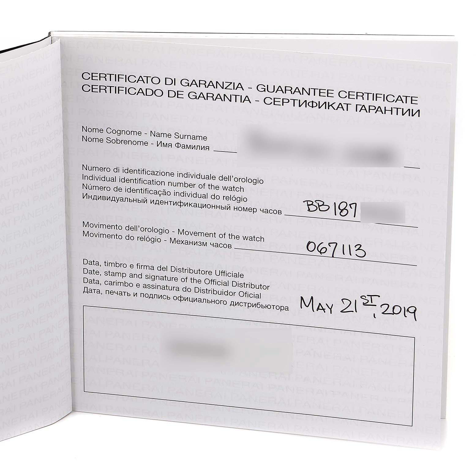 The image shows the guarantee certificate for a Panerai Radiomir PAM00721 Men's Stainless Steel Black Dial PAM00721 Men's Stainless Steel Black Dial watch, displaying details like the watch's identification number and distributor signature.