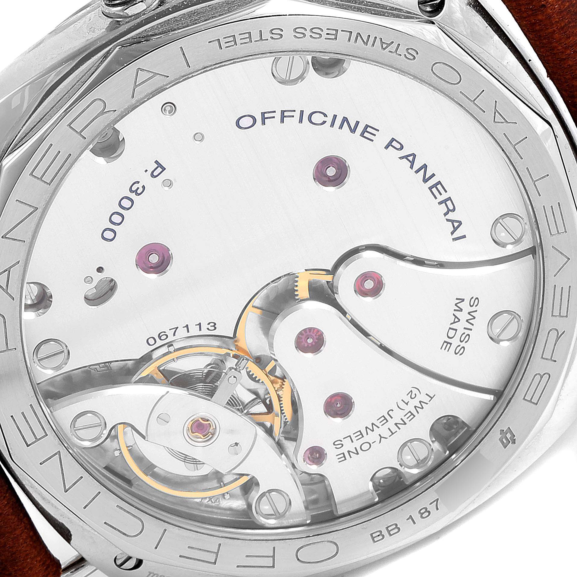 This image shows the back of a Panerai Radiomir PAM00721 Men's Stainless Steel Black Dial PAM00721 Men's Stainless Steel Black Dial watch, revealing the movement and internal components.