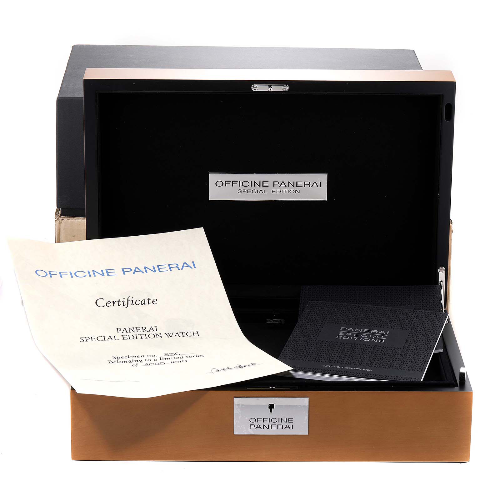 The image shows the open box and certificate for a Radiomir model watch by Panerai, along with a special edition booklet.