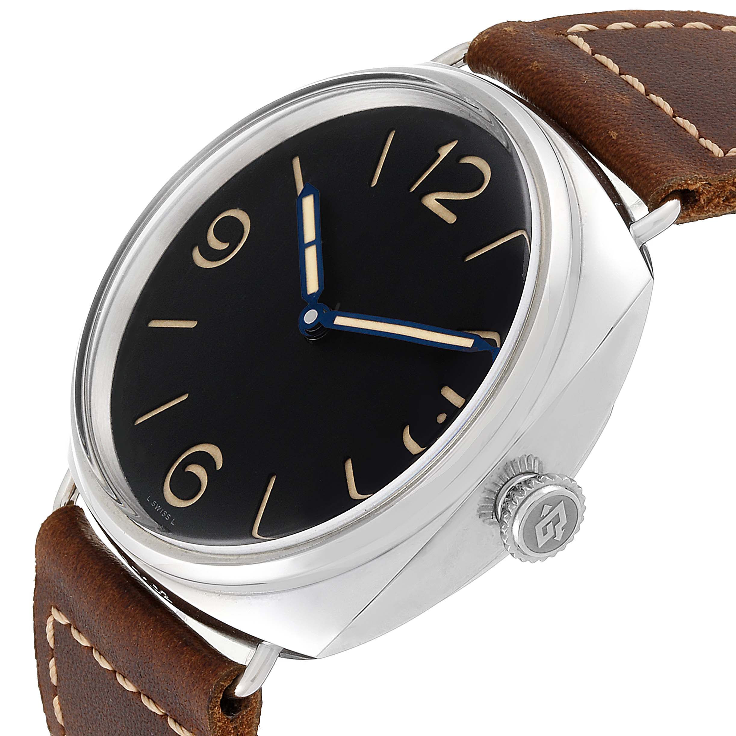 The image shows a Panerai Radiomir PAM00721 Men's Stainless Steel Black Dial PAM00721 Men's Stainless Steel Black Dial watch from a side angle, highlighting its dial, crown, and leather strap.