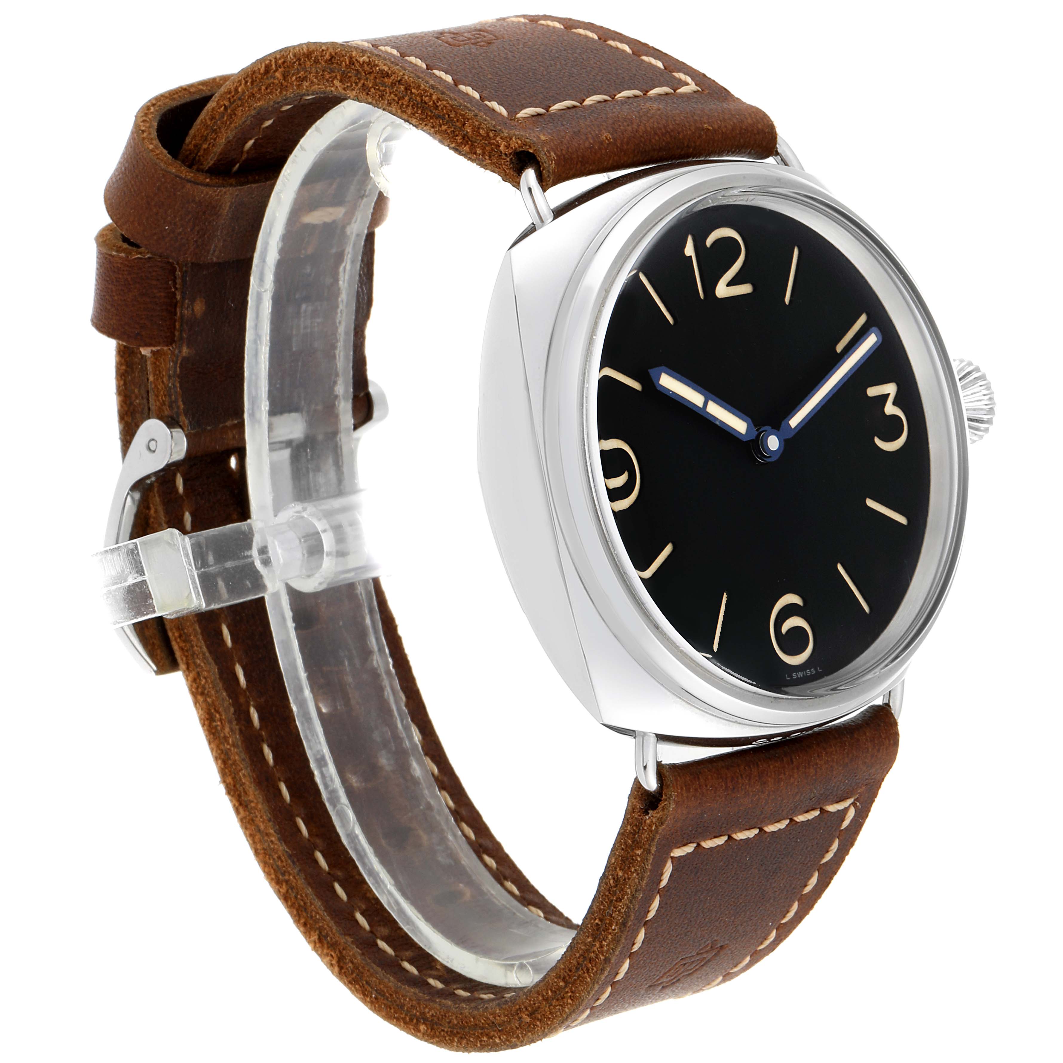 The image shows a side angle of the Panerai Radiomir PAM00721 Men's Stainless Steel Black Dial PAM00721 Men's Stainless Steel Black Dial watch, displaying its face, crown, case, and leather strap.