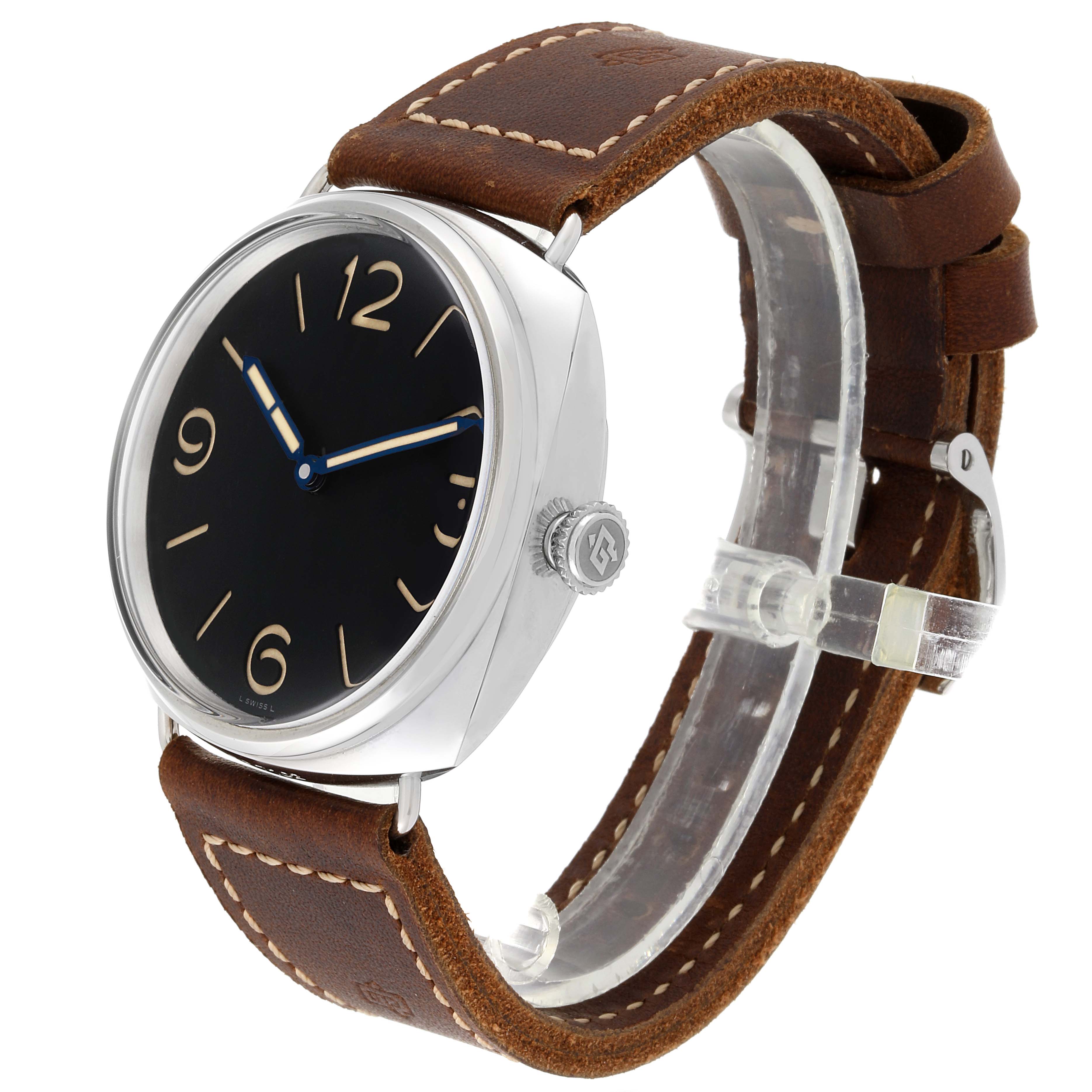 This image shows a Panerai Radiomir PAM00721 Men's Stainless Steel Black Dial PAM00721 Men's Stainless Steel Black Dial watch angled from the front-left, highlighting the dial, crown, and leather strap.