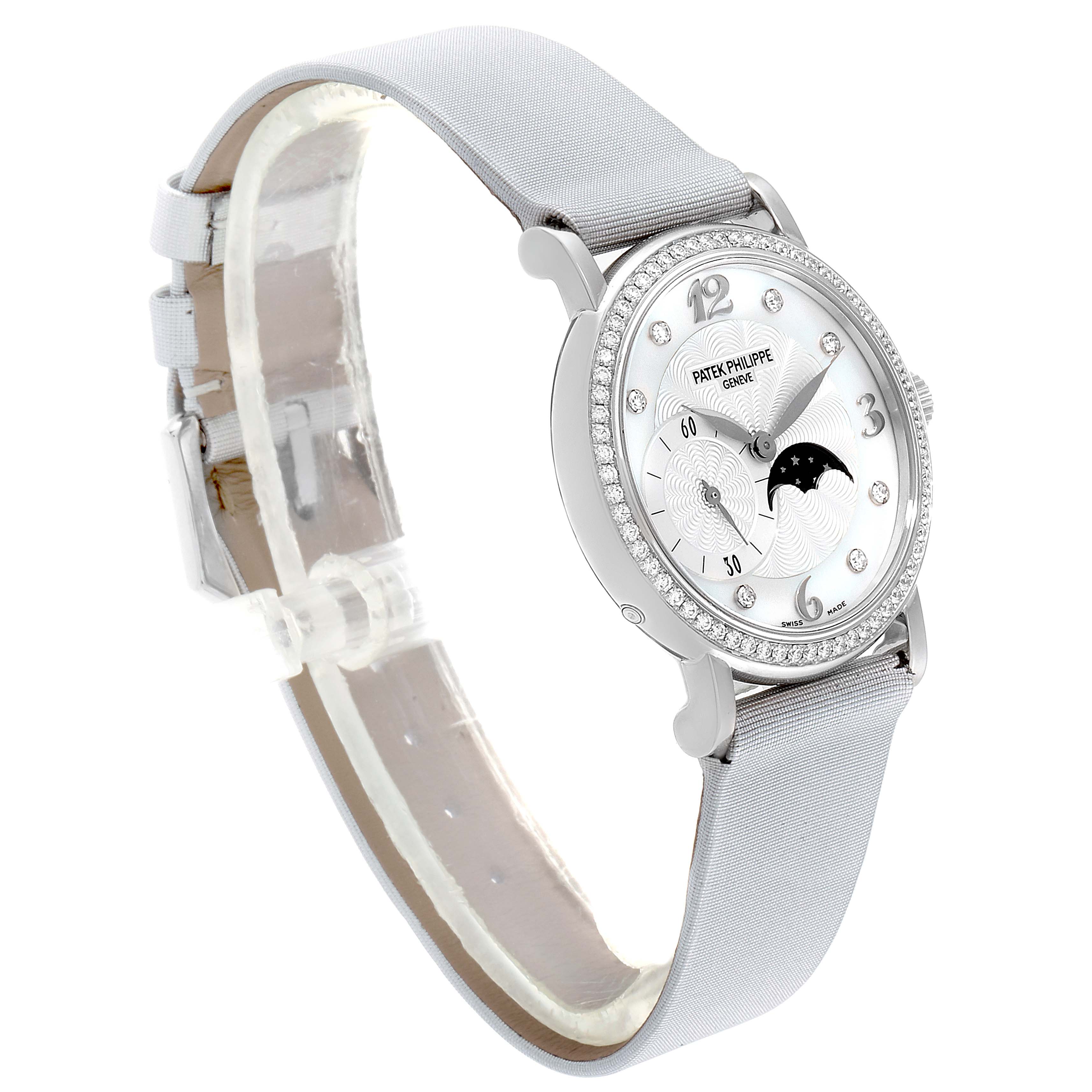 The image shows a Patek Philippe Calatrava 4958G Women's White Gold Mother of Pearl Dial 4958G Women's White Gold Mother of Pearl Dial watch at a three-quarter angle, highlighting the dial, bezel, and strap.