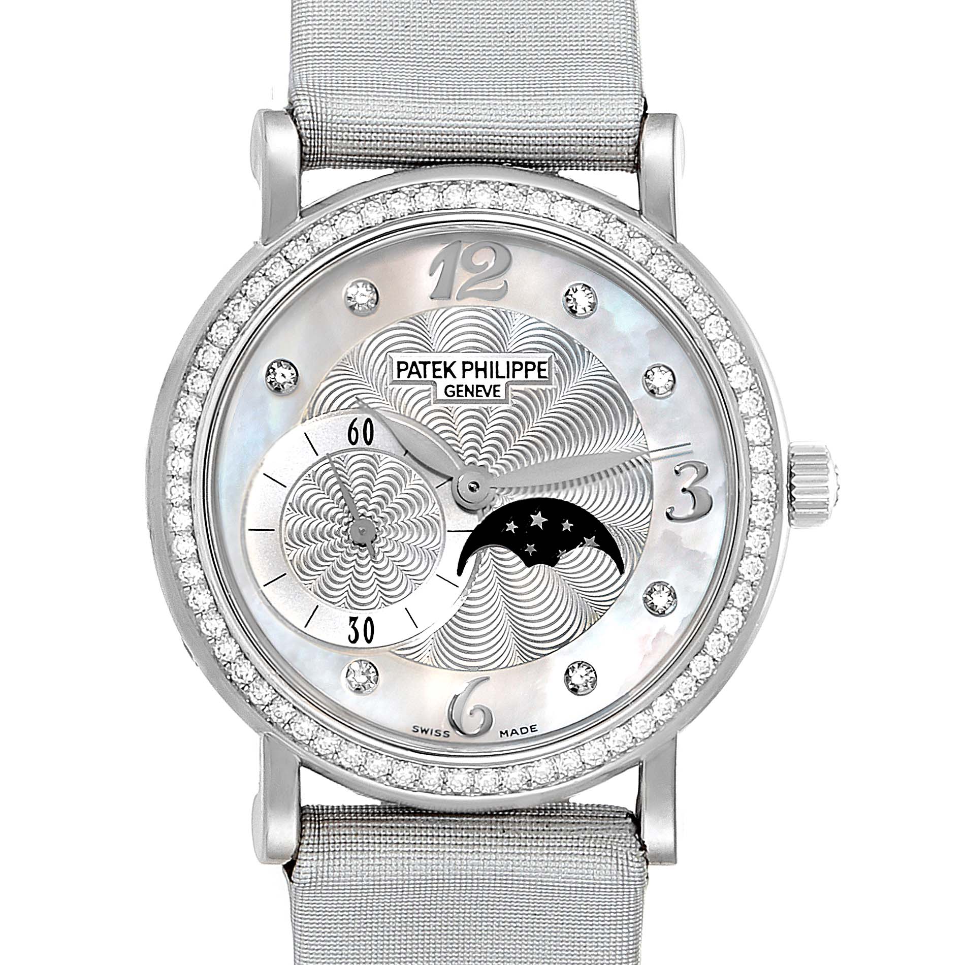 The image shows a front view of a Patek Philippe Calatrava 4958G Women's White Gold Mother of Pearl Dial 4958G Women's White Gold Mother of Pearl Dial watch, highlighting its dial, bezel, and strap.