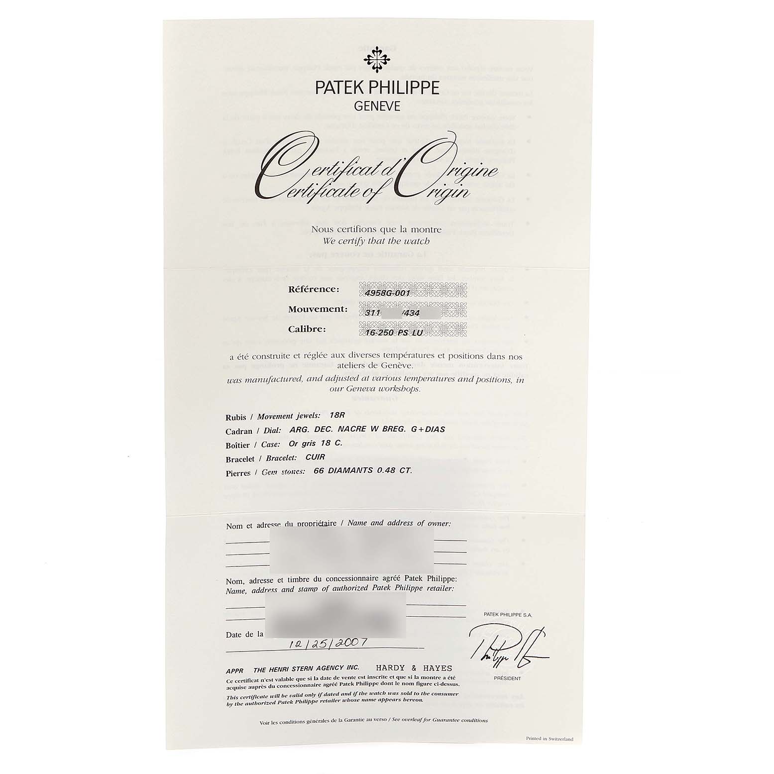 The image showcases a Certificate of Origin for the Patek Philippe Calatrava 4958G Women's White Gold Mother of Pearl Dial 4958G Women's White Gold Mother of Pearl Dial model.