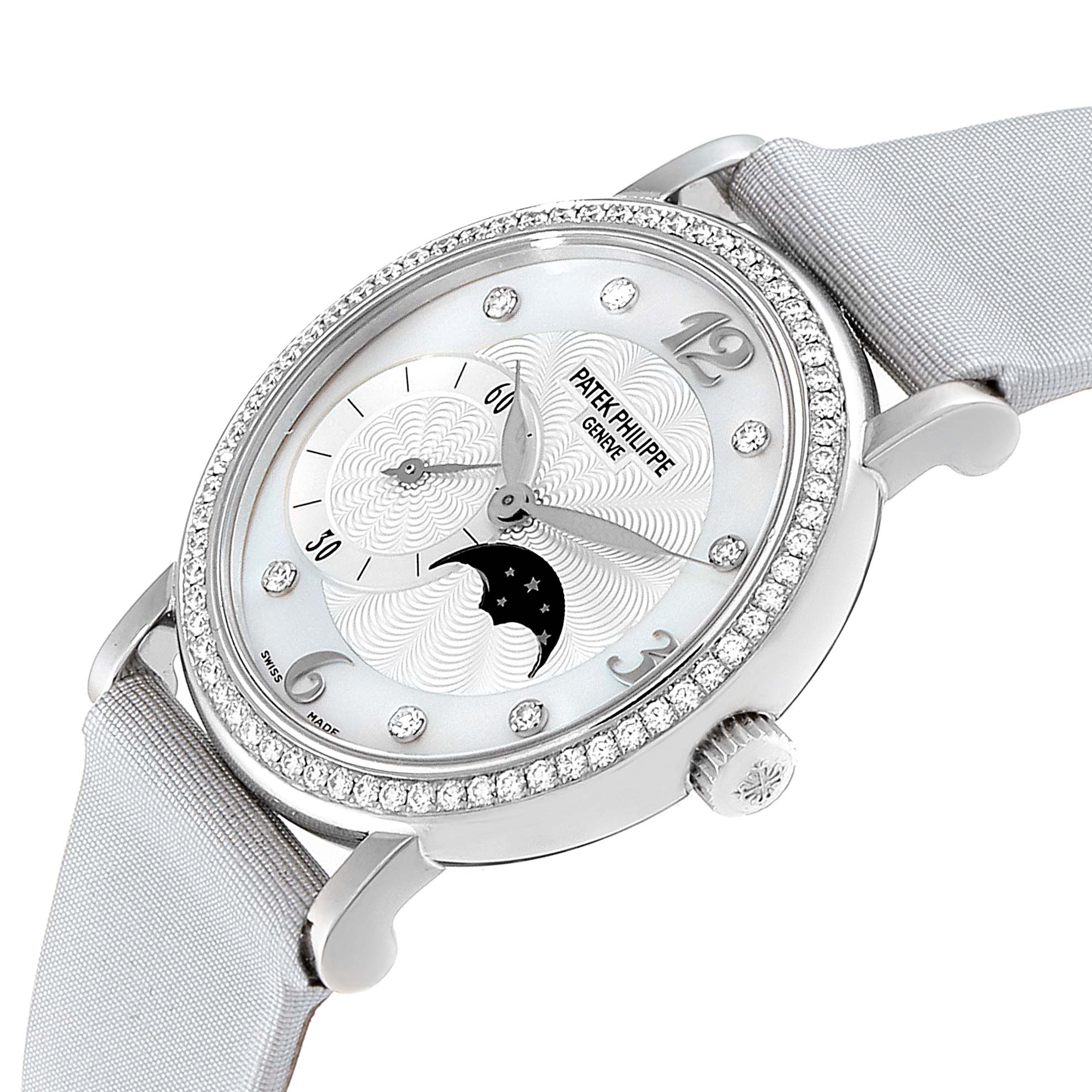 This image shows a close-up, side view of a Patek Philippe Calatrava 4958G Women's White Gold Mother of Pearl Dial 4958G Women's White Gold Mother of Pearl Dial watch, highlighting its face, bezel, and band.