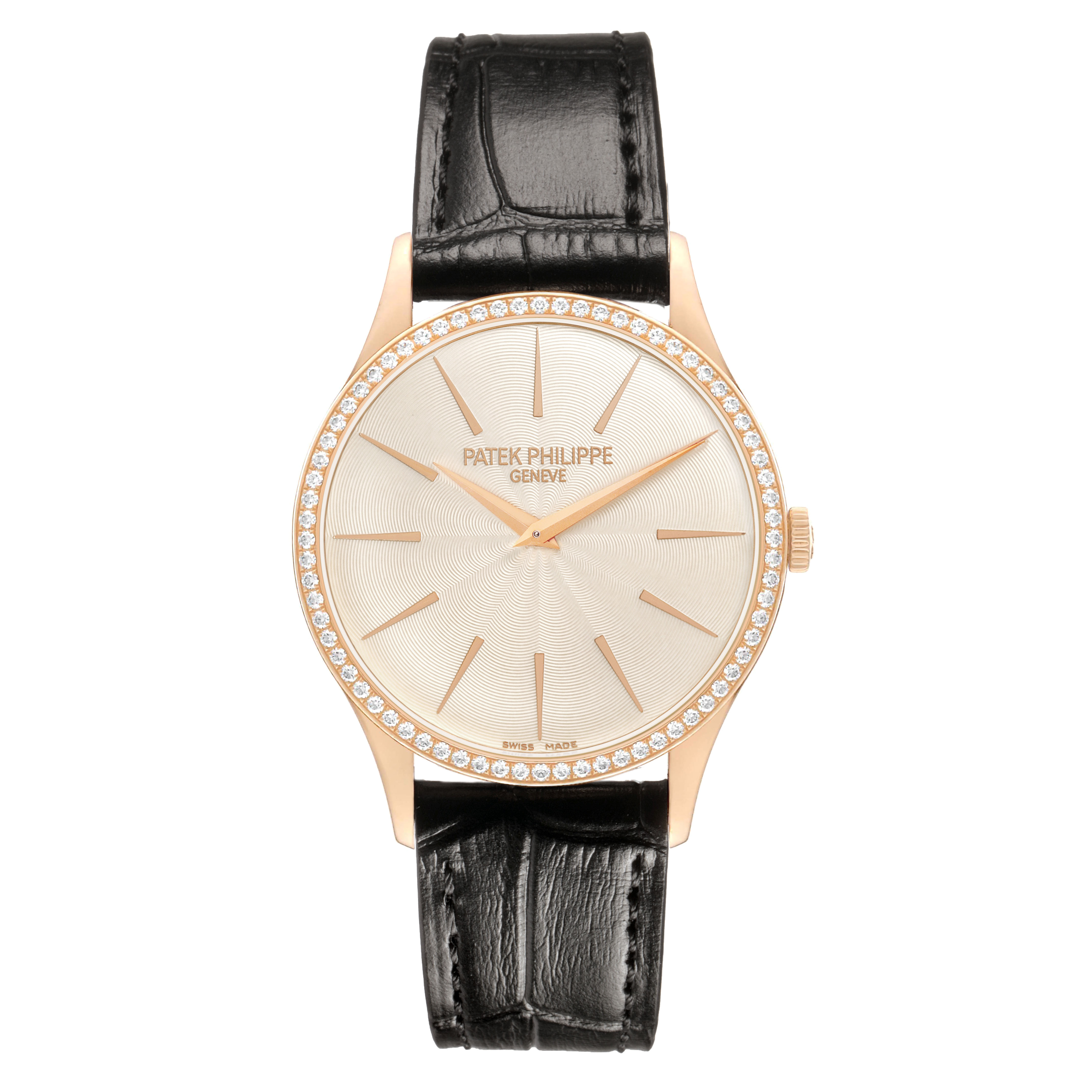 The image shows a frontal view of the Patek Philippe Calatrava 4897R-010 Women's Rose Gold Beige Dial watch, highlighting the dial, bezel, and leather strap.