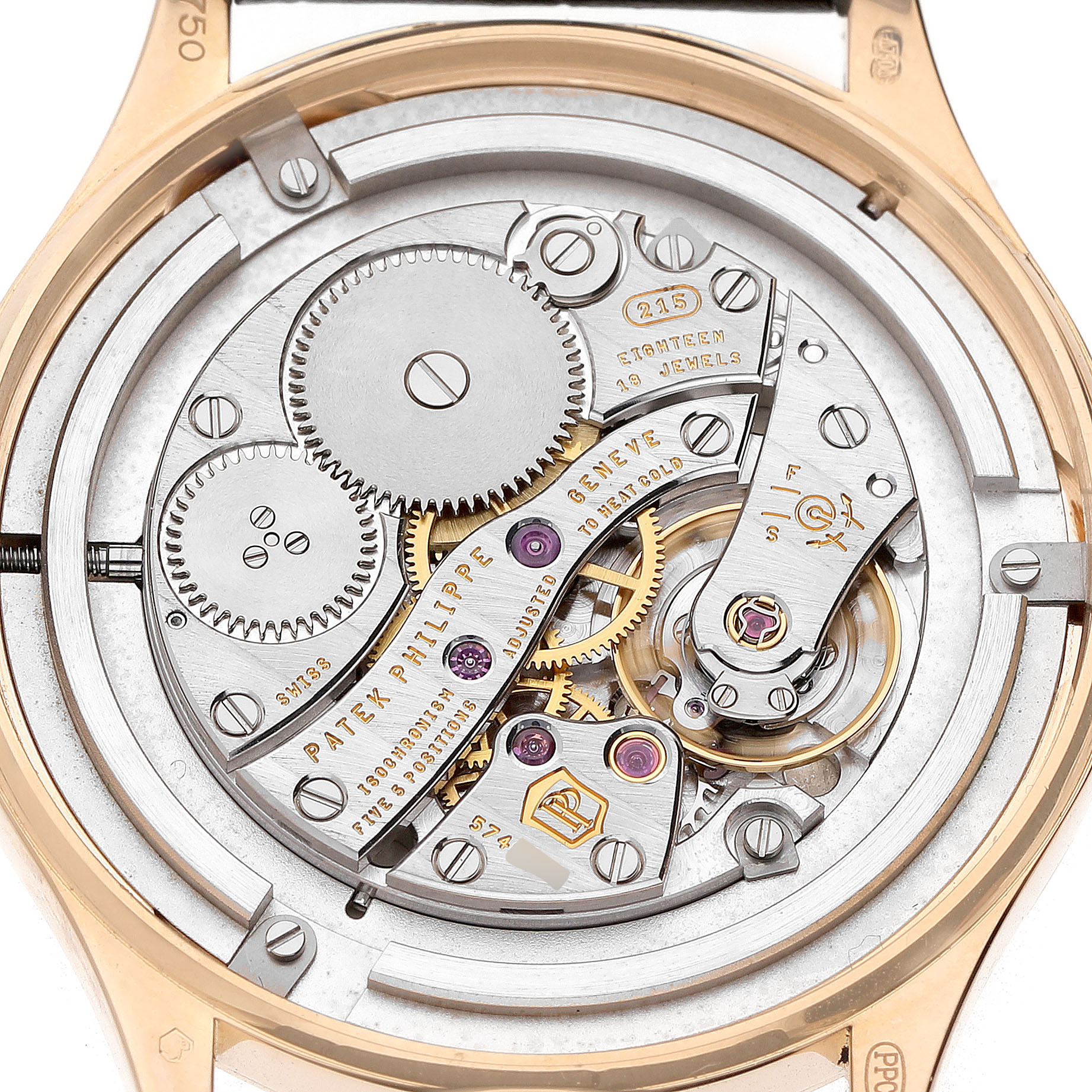 The image shows the movement of a Patek Philippe Calatrava 4897R-010 Women's Rose Gold Beige Dial watch from a back angle, highlighting gears and components.