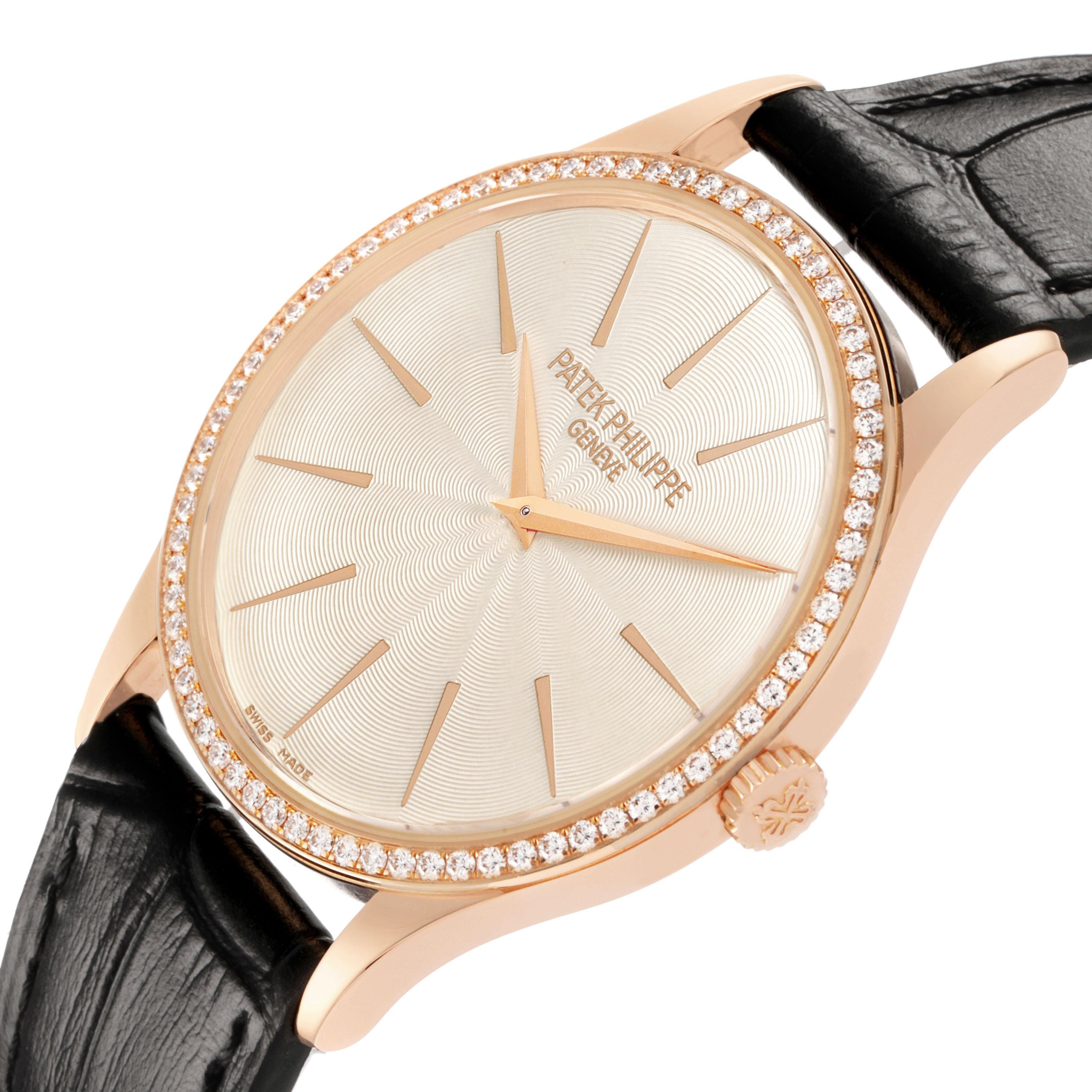 The Patek Philippe Calatrava 4897R-010 Women's Rose Gold Beige Dial watch is shown from a slight side angle, highlighting its diamond-set bezel, dial, and crown.