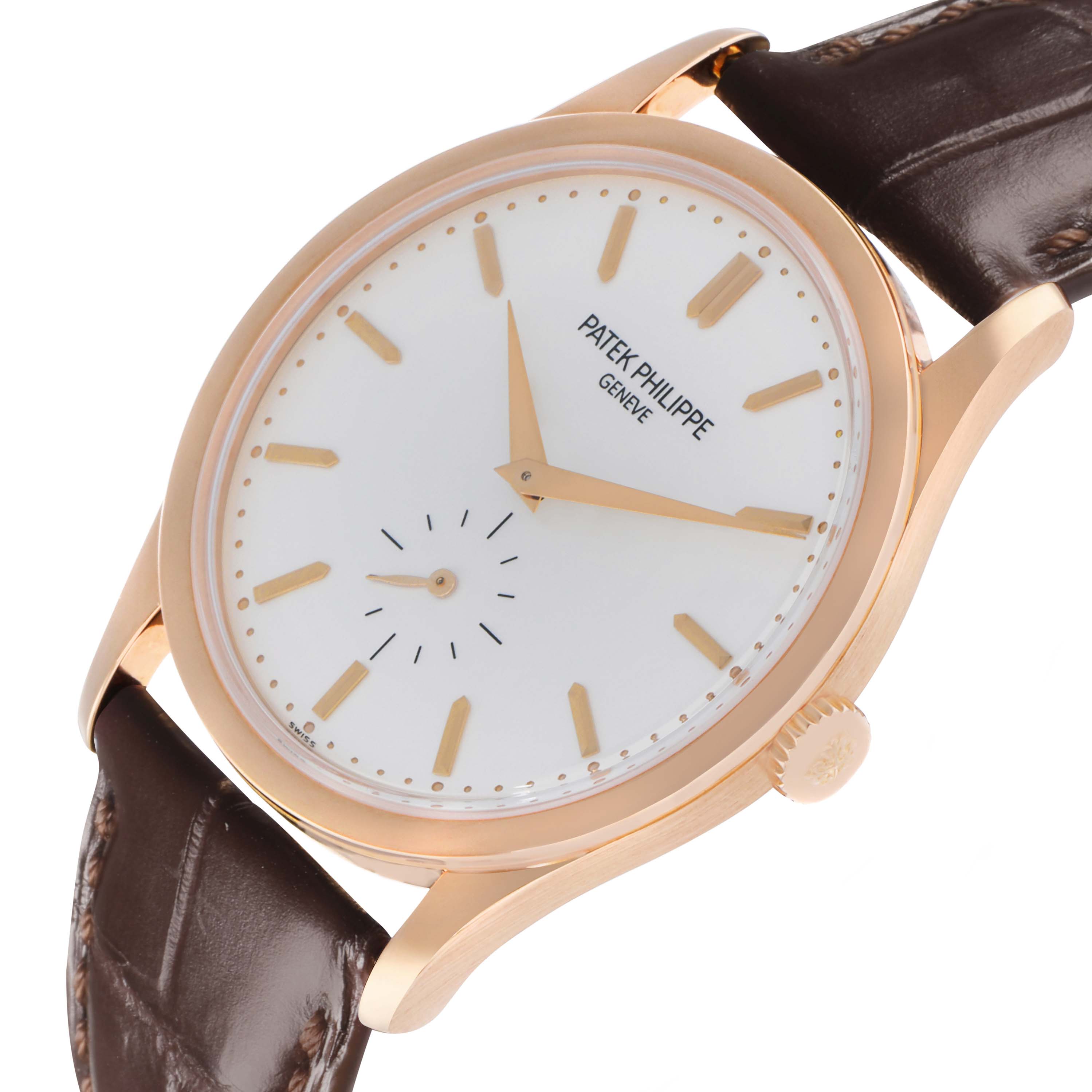 The Patek Philippe Calatrava 5196R Men
s Rose Gold Silver Dial watch is shown at an angled view, displaying the dial, hands, crown, and part of the leather strap.