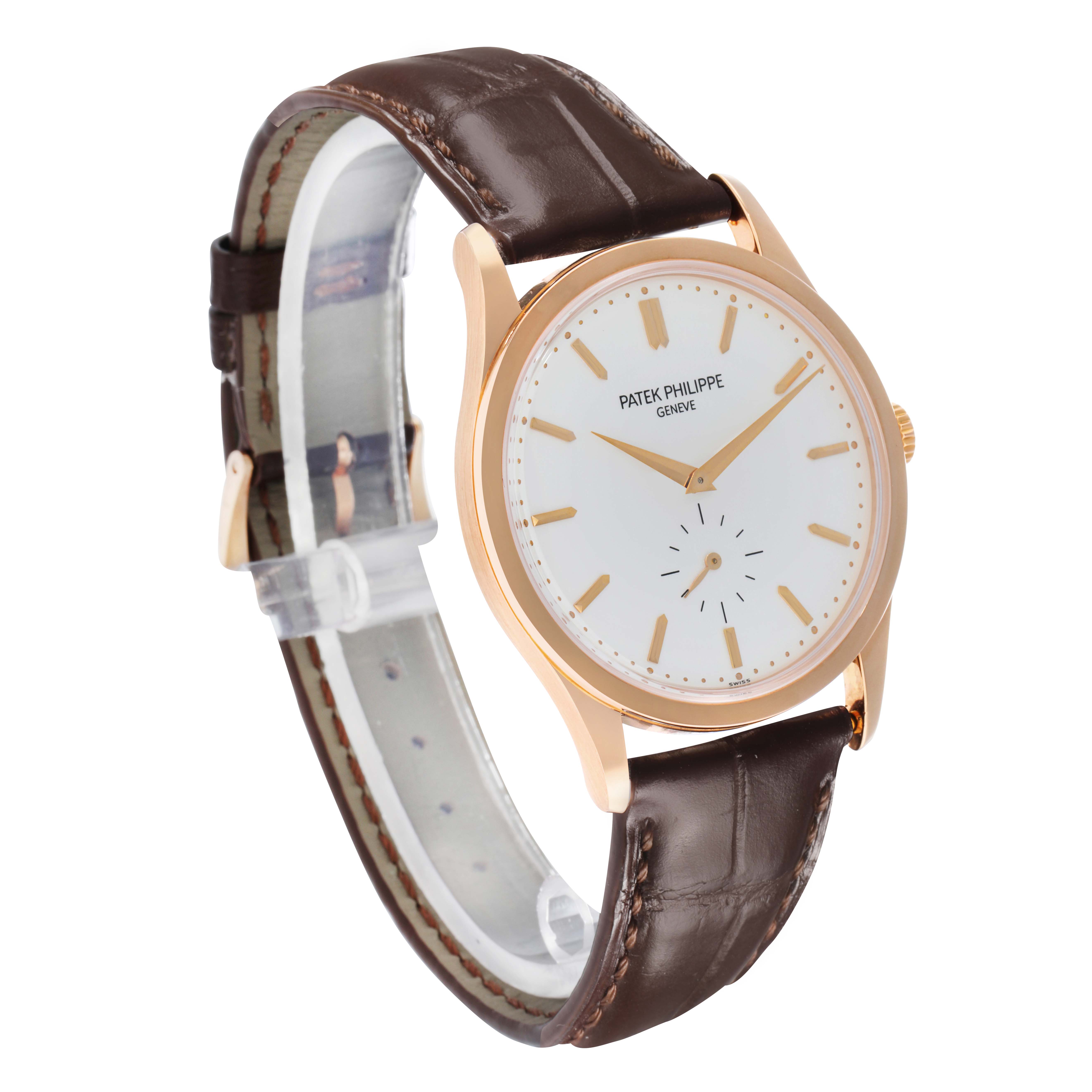 The Patek Philippe Calatrava 5196R Men
s Rose Gold Silver Dial watch is shown from a three-quarter angle, highlighting the dial, case, and leather strap.