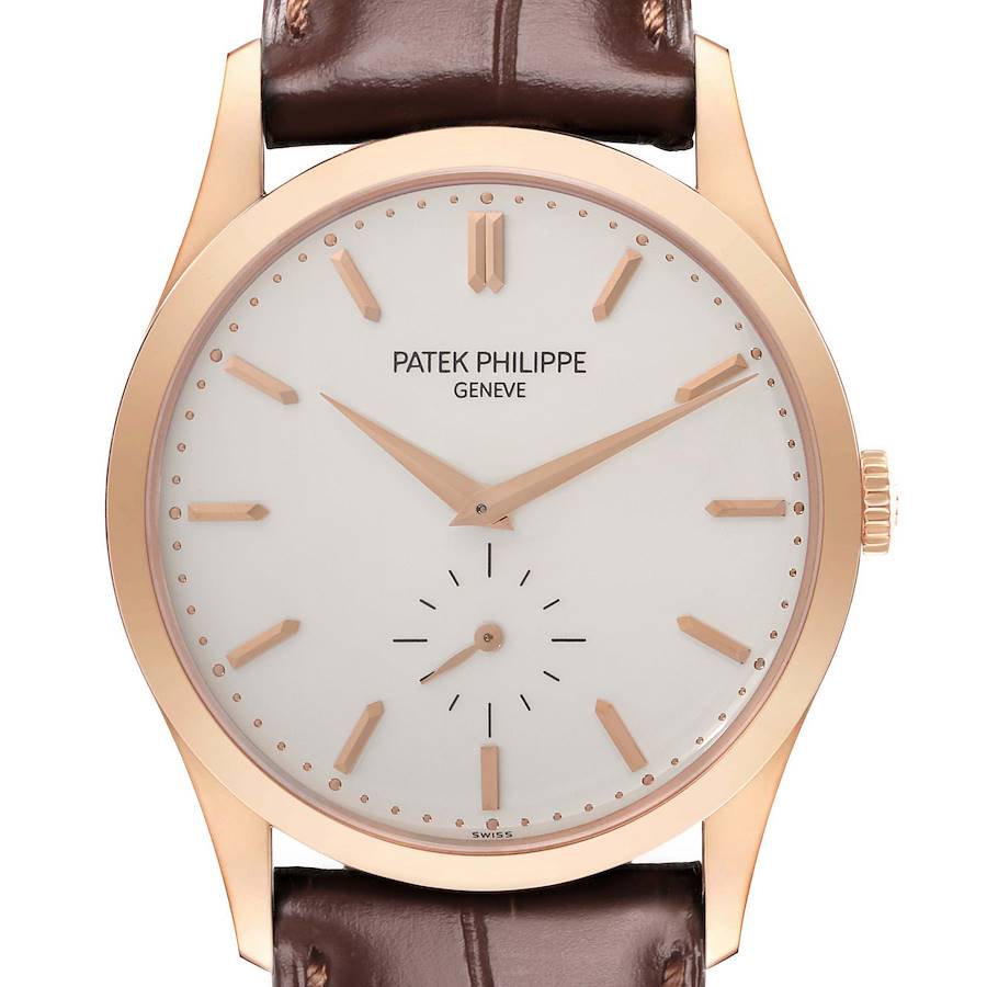 The Patek Philippe Calatrava 5196R Men's Rose Gold Silver Dial watch is shown from the front, highlighting the dial, hands, and brown leather strap.