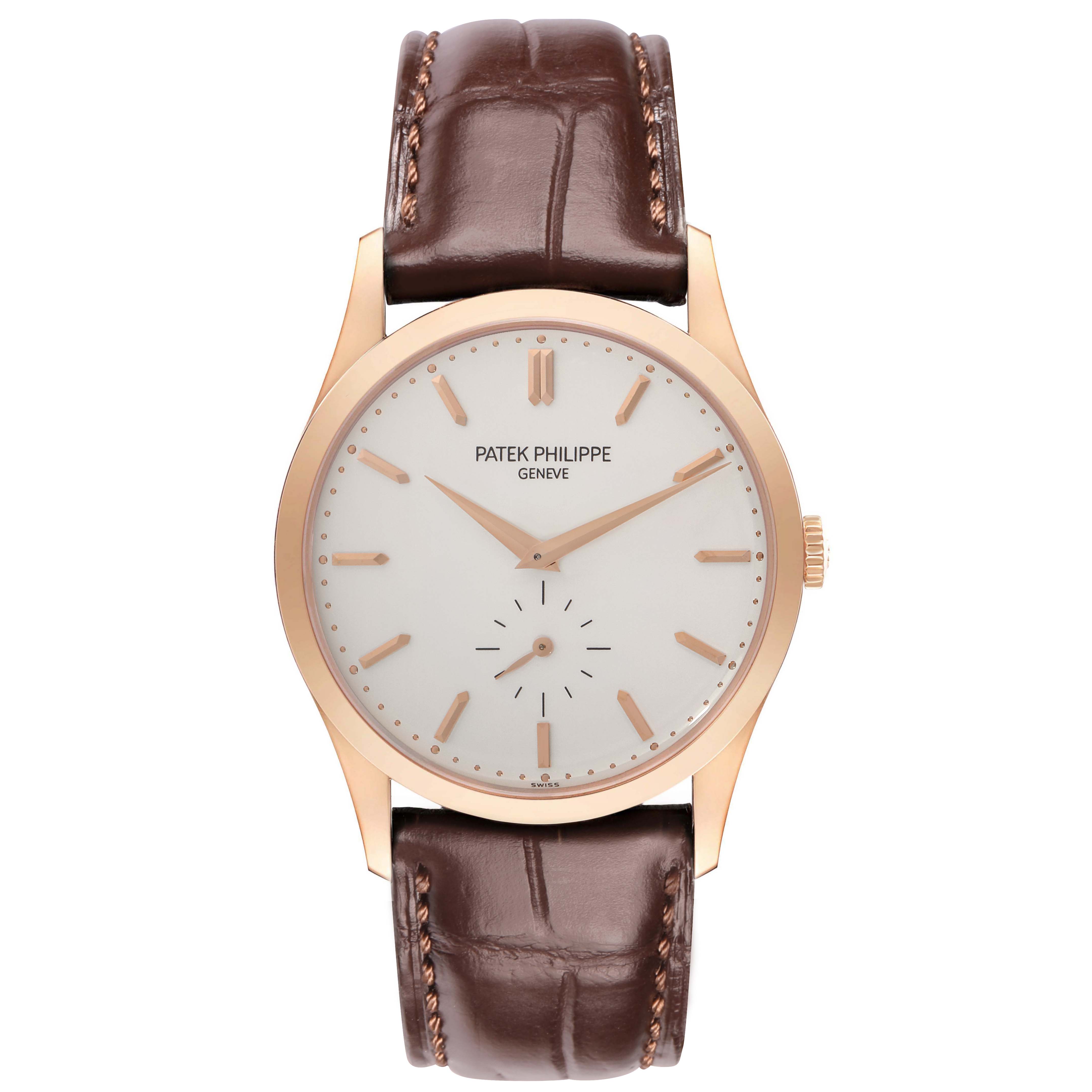 The Patek Philippe Calatrava 5196R Men
s Rose Gold Silver Dial watch is shown from the front, displaying its dial, hands, markers, and brown leather strap.