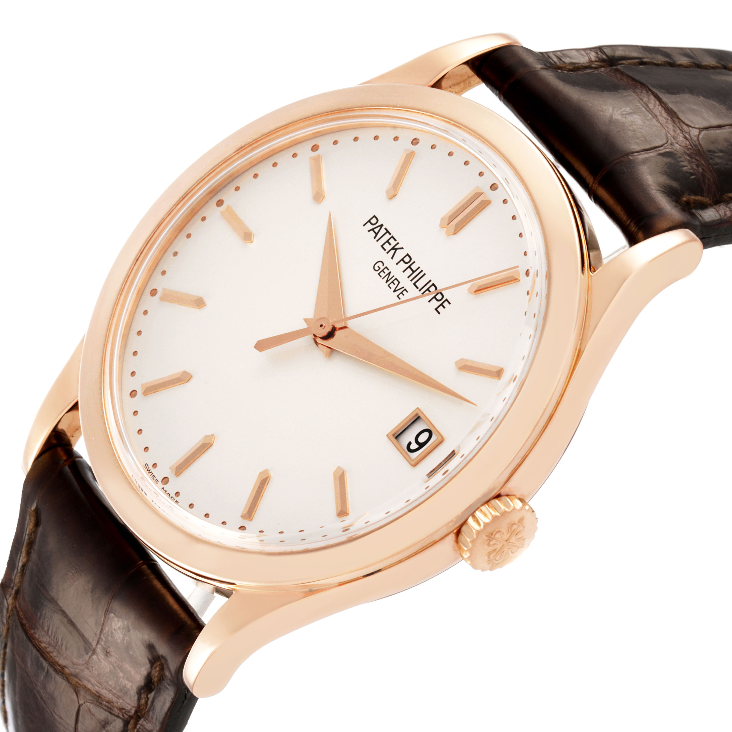 The Patek Philippe Calatrava 5296R-010 Men's Rose Gold Silver Dial watch is shown at a tilted angle, highlighting the dial, hands, crown, and part of the strap.