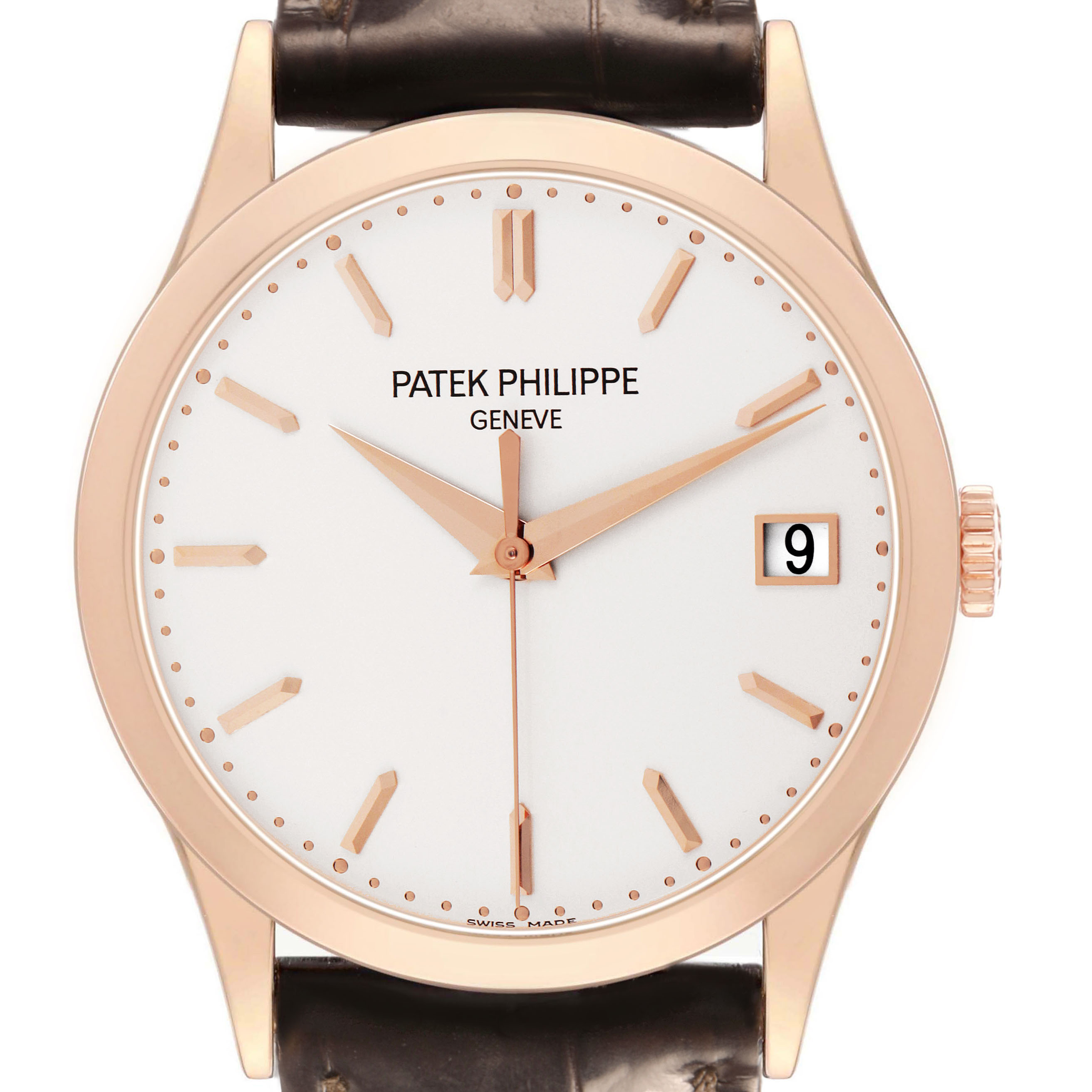 The image shows a front view of a Patek Philippe Calatrava 5296R-010 Men's Rose Gold Silver Dial watch, displaying the dial, hands, indices, and date window.